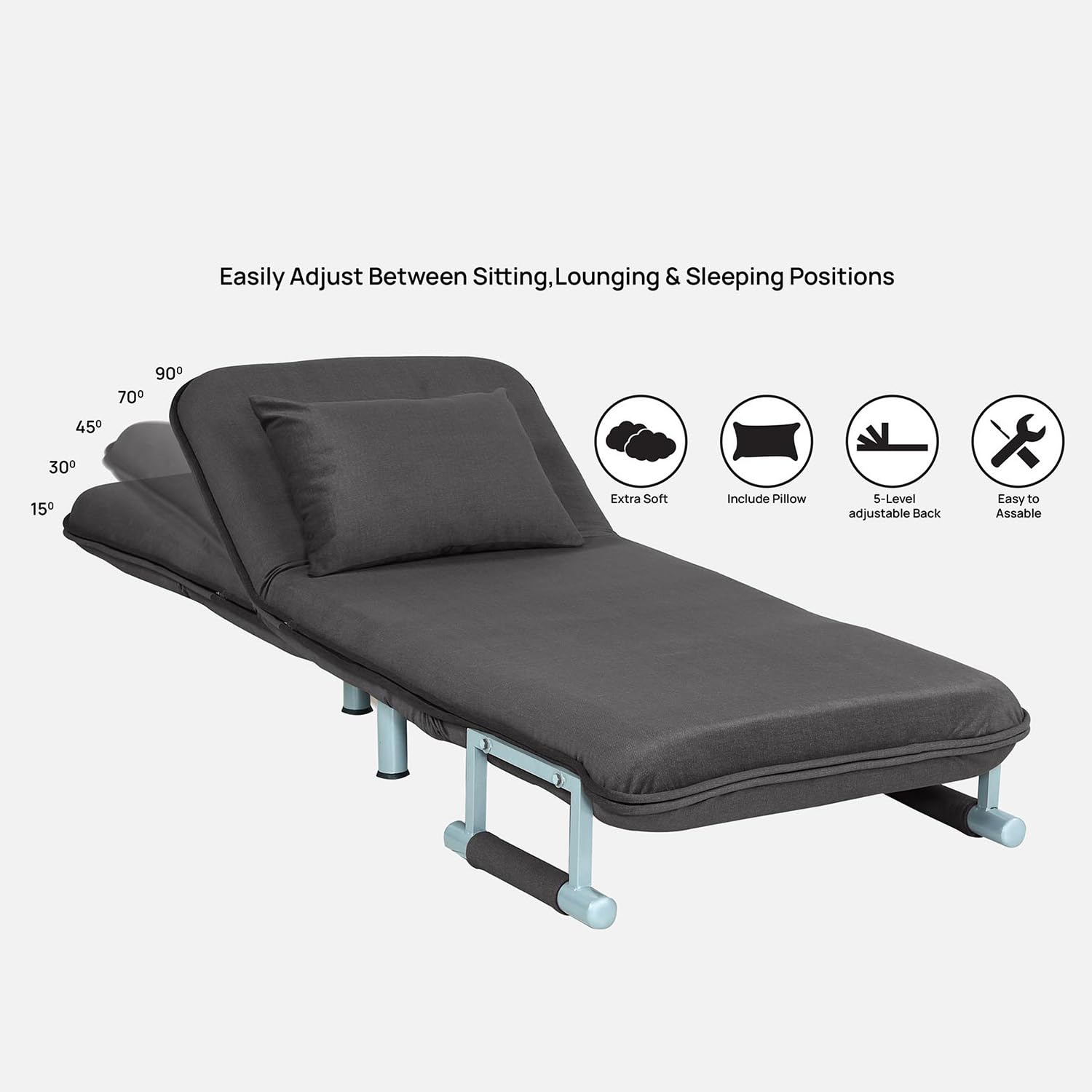 Metal Single Seater Foldable Sofa With Cushion & Armrests|Convertible Tri-Fold Sofa Cum Bed Couch with 5-Position Adjustable Backrest|3 in 1 Multi-Functional Sleeper Sofa,Dark Grey - Image 6