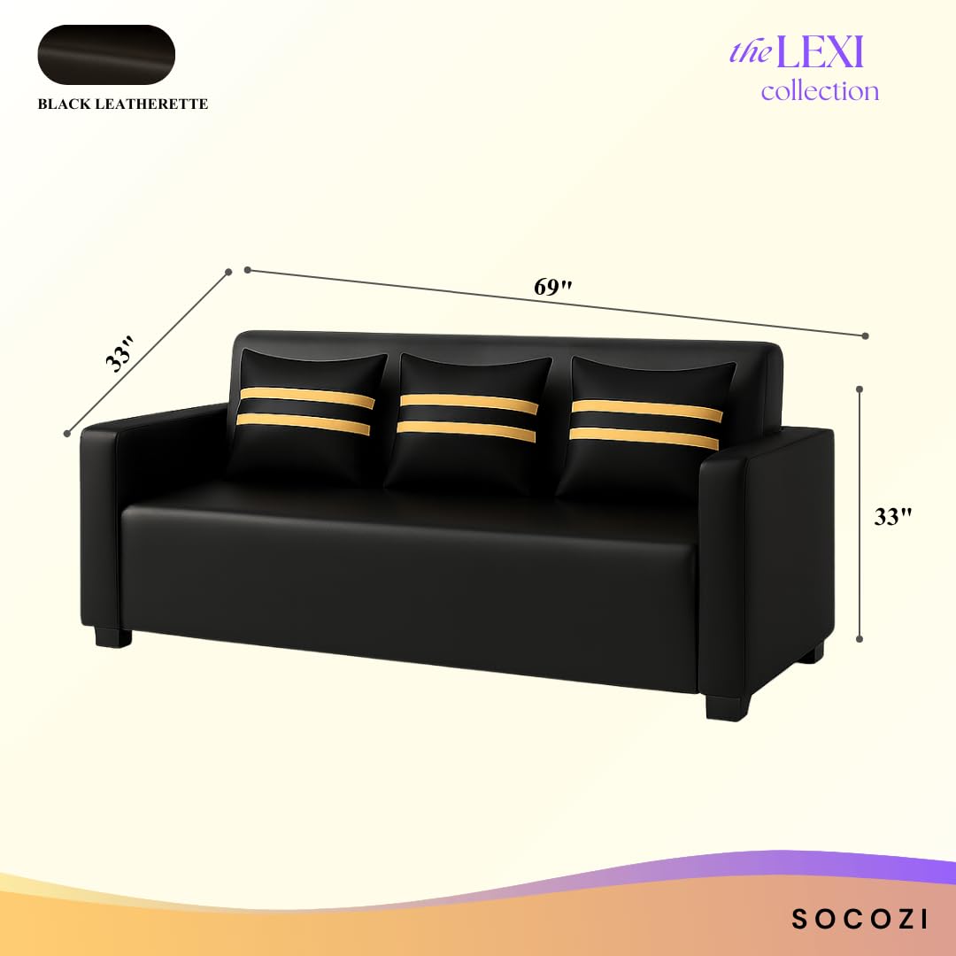 Lexiro 3 Seater Sofa Set | Premium Leatherette Upholstery | Modern Design | Plush Comfort Cushions for Living Room (Golden Stripped Cushion-Black) - Image 3