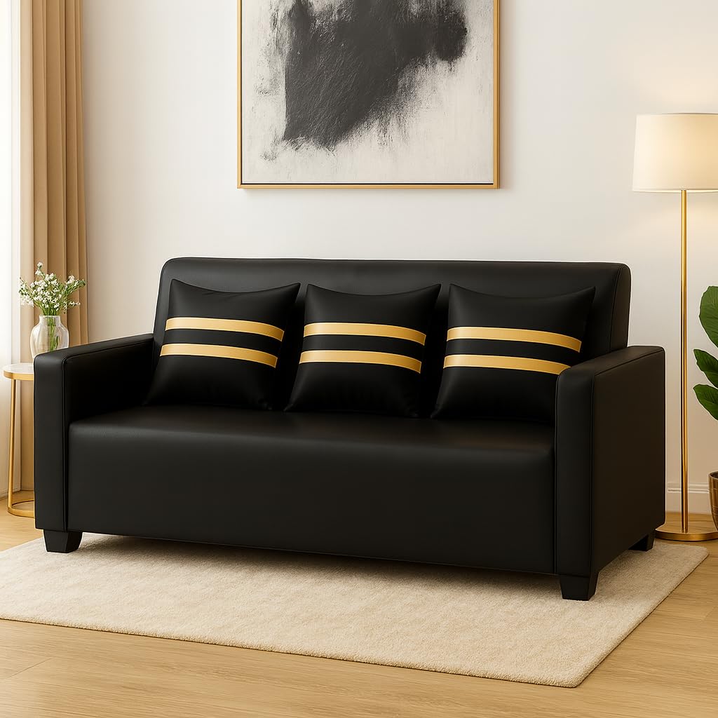Lexiro 3 Seater Sofa Set | Premium Leatherette Upholstery | Modern Design | Plush Comfort Cushions for Living Room (Golden Stripped Cushion-Black) - Image 4