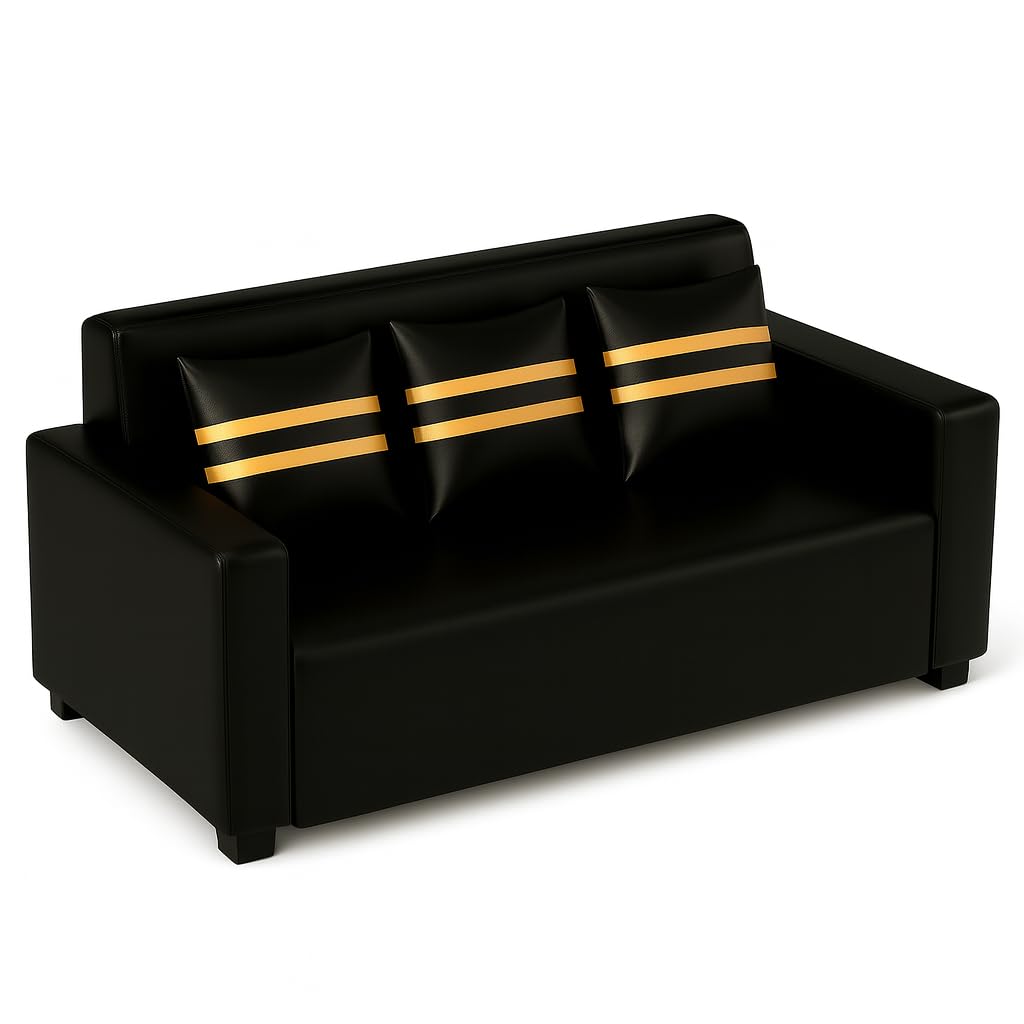 Lexiro 3 Seater Sofa Set | Premium Leatherette Upholstery | Modern Design | Plush Comfort Cushions for Living Room (Golden Stripped Cushion-Black) - Image 5