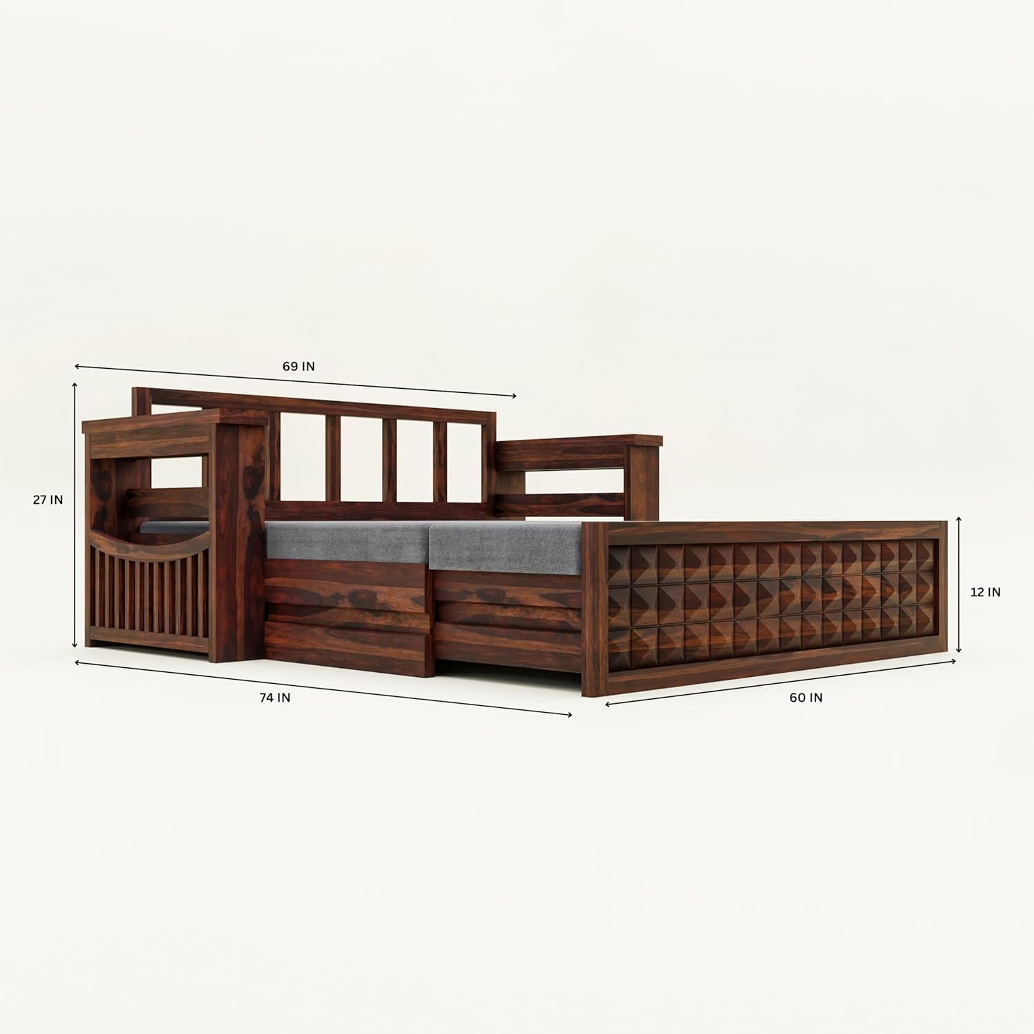 Wooden Sofa Cum Bed with Storage | Sheesham Wood Convertible Bed | Wooden Diwan Sofa Bed with Storage | Living Room Furniture for Modern Homes (Walnut Finish) - Image 3