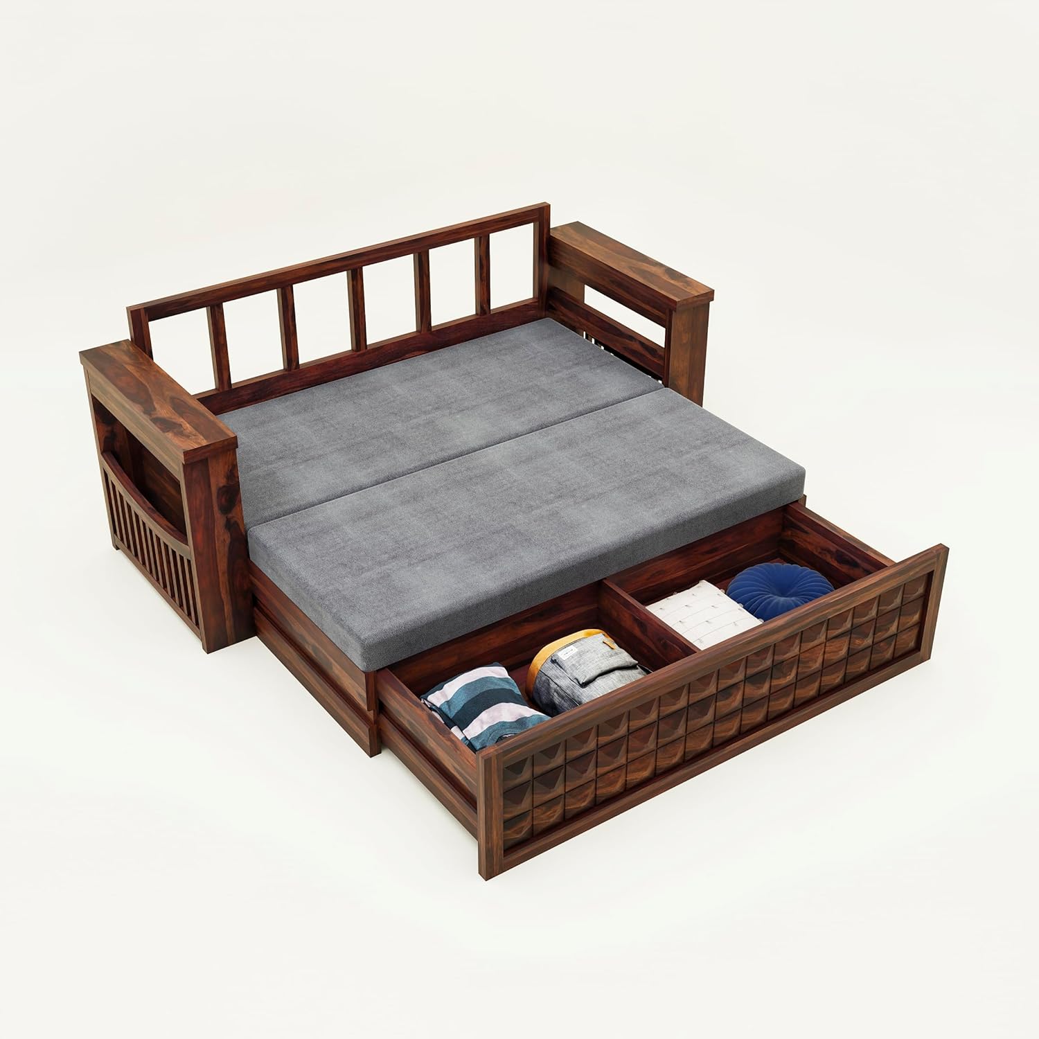 Wooden Sofa Cum Bed with Storage | Sheesham Wood Convertible Bed | Wooden Diwan Sofa Bed with Storage | Living Room Furniture for Modern Homes (Walnut Finish) - Image 9