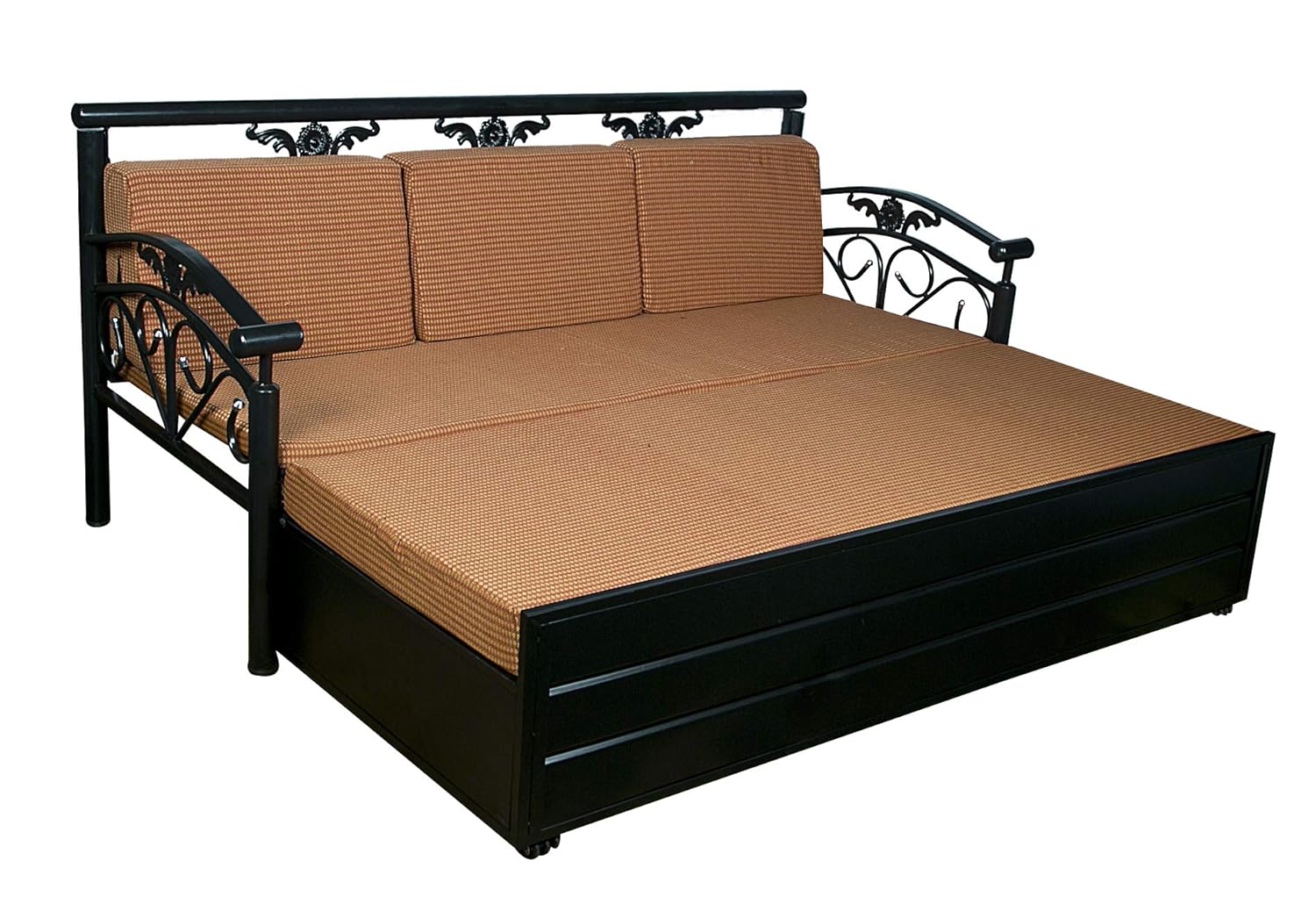 IK Traders Metal 3-Person Sofa Cum Bed with Hydraulic Storage Cotton Fabric Washable Cover - (Orange & Golden Pattern) Single Size (6 X 4) by- IK Traders - Image 6