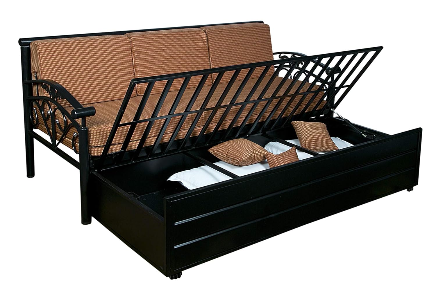 IK Traders Metal 3-Person Sofa Cum Bed with Hydraulic Storage Cotton Fabric Washable Cover - (Orange & Golden Pattern) Single Size (6 X 4) by- IK Traders - Image 7