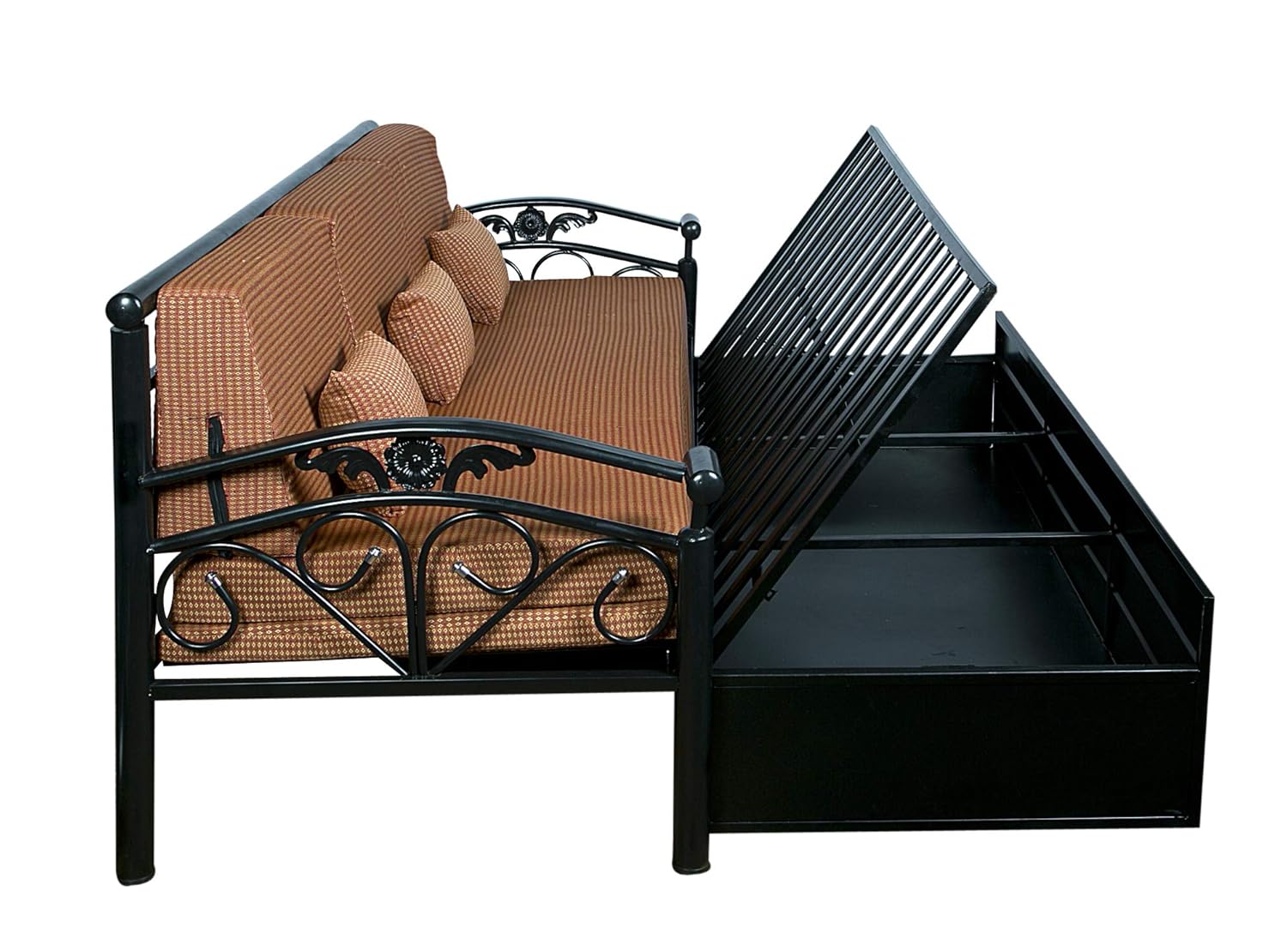 IK Traders Metal 3-Person Sofa Cum Bed with Hydraulic Storage Cotton Fabric Washable Cover - (Orange & Golden Pattern) Single Size (6 X 4) by- IK Traders - Image 8