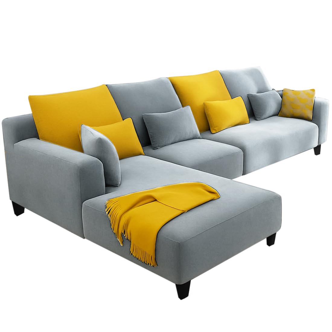 FURNY Mintora 6 Seater Fabric LHS L Shape Sofa Set (Light Grey) with Extra Cushions | Premium Velvet Finish | Ideal for Living Room - Image 3