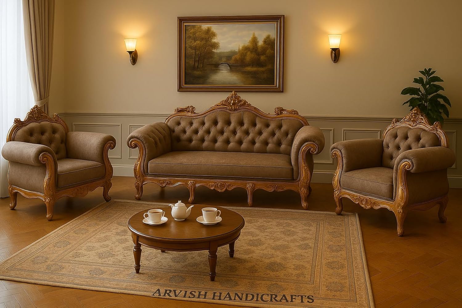 Elegant Antique Sofa Set in a Classic Living Room Setting Solid Teak Wooden Five Seater Sofa Set with Cushion for Living Room | Honey Brown Finish | 208D x 76W x 119H Centimeters - Image 3