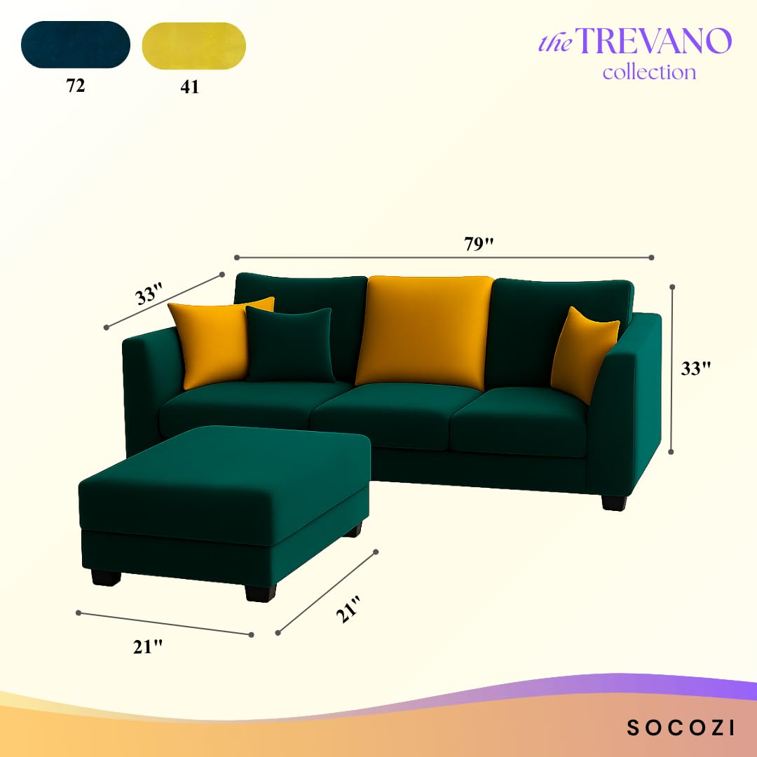 Trevano 3 Seater Modular L Shape Sofa Set with Ottoman | Soft Velvet Suede Fabric | Modern Design | Plush Comfort Cushions for Living Room (Teal Green-Yellow) - Image 3