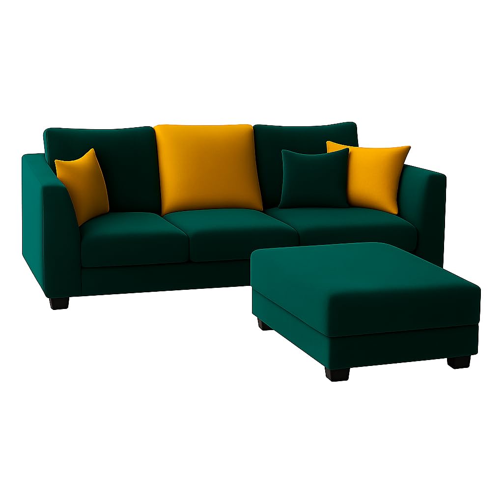 Trevano 3 Seater Modular L Shape Sofa Set with Ottoman | Soft Velvet Suede Fabric | Modern Design | Plush Comfort Cushions for Living Room (Teal Green-Yellow) - Image 4