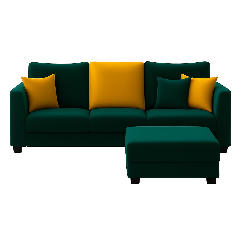 Trevano 3 Seater Modular L Shape Sofa Set with Ottoman | Soft Velvet Suede Fabric | Modern Design | Plush Comfort Cushions for Living Room (Teal Green-Yellow) - Image 5