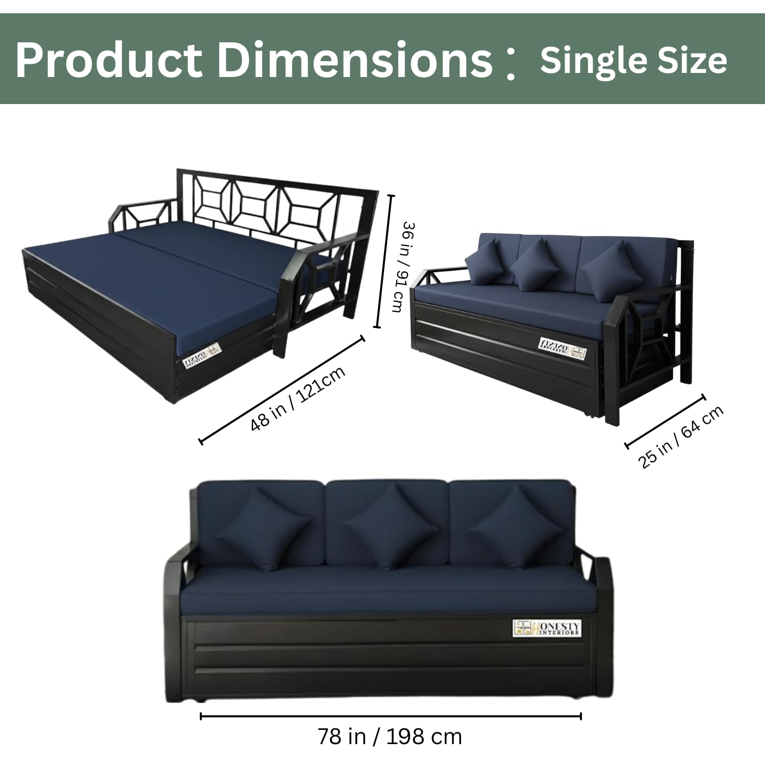 AeroRest Sofa Cum Bed Single Size Navy Blue | Wooden Convertible Sofa Bed with Cushions | Modern Space-Saving Furniture - Image 3
