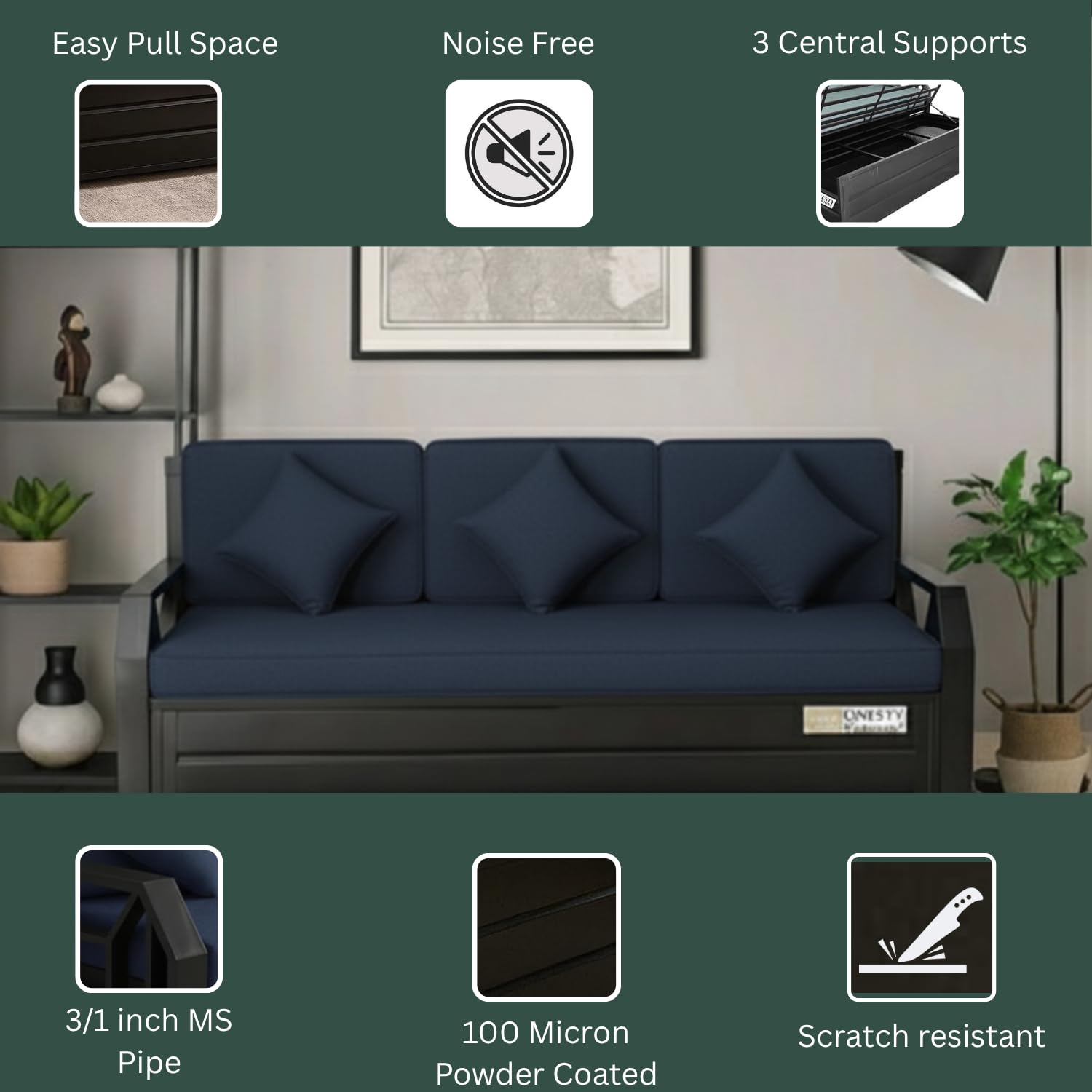 AeroRest Sofa Cum Bed Single Size Navy Blue | Wooden Convertible Sofa Bed with Cushions | Modern Space-Saving Furniture - Image 4