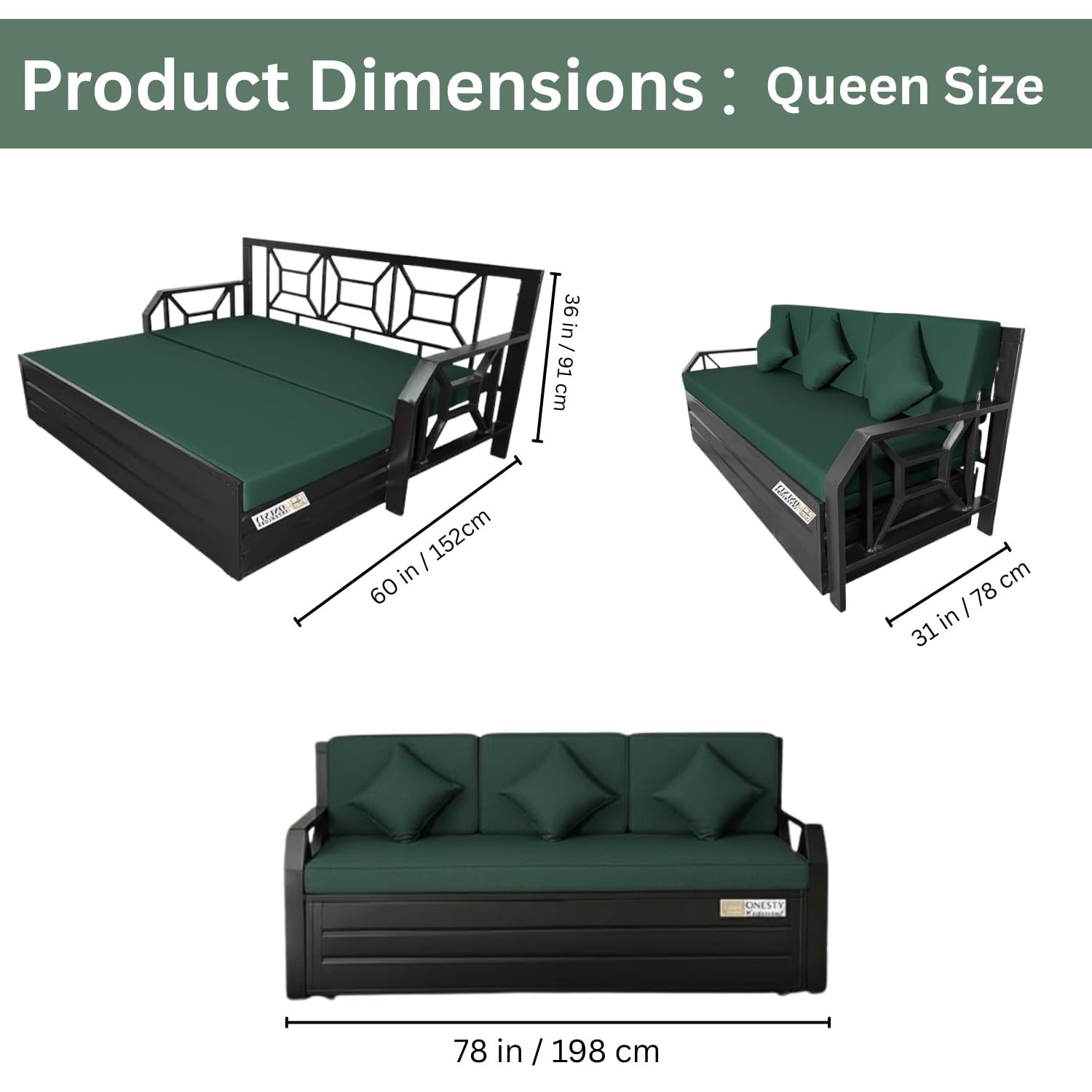 RegalRest Sofa Cum Bed Queen Size Dark Green | Premium Wooden Convertible Sofa Bed with Cushions | Stylish Space-Saving Furniture - Image 3