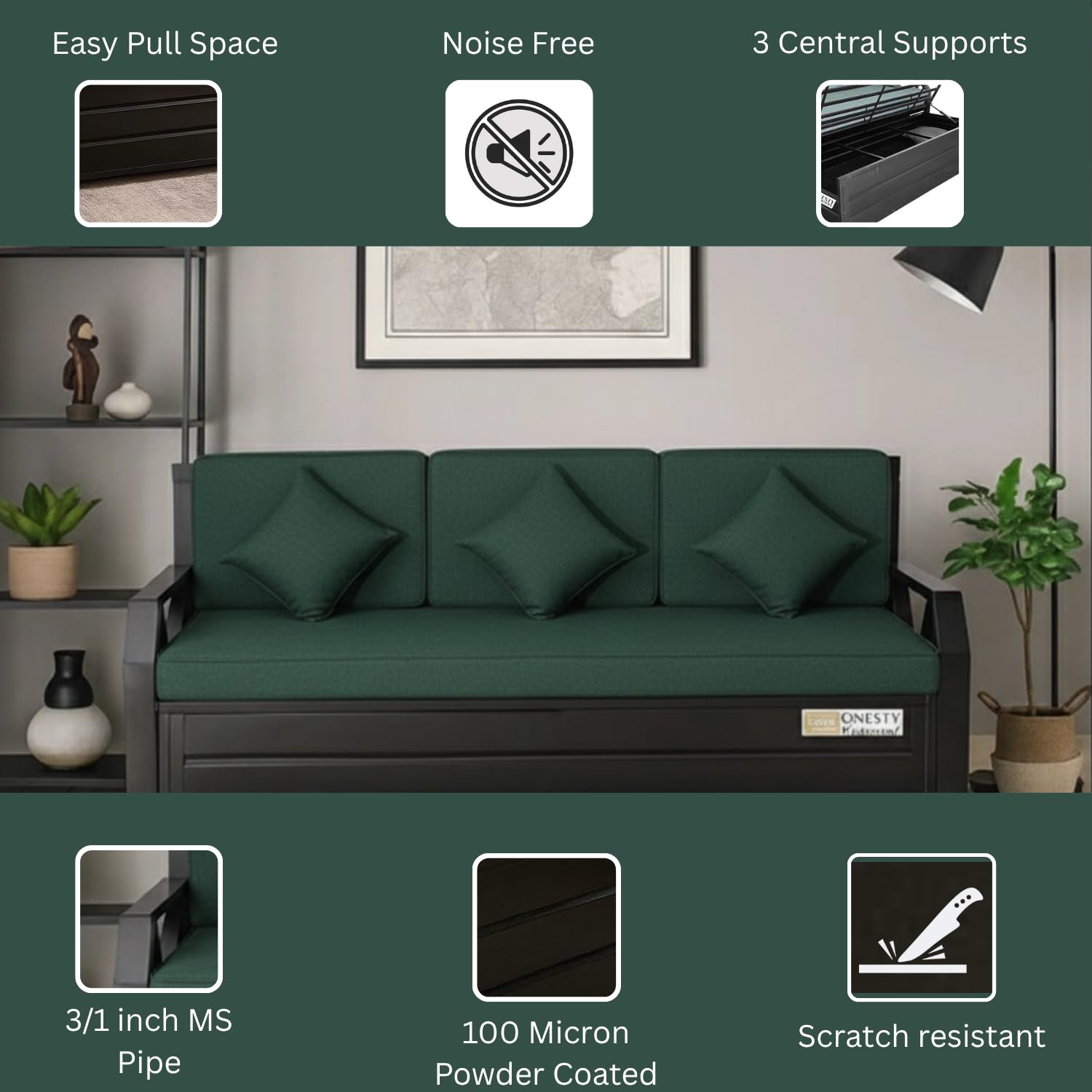 RegalRest Sofa Cum Bed Queen Size Dark Green | Premium Wooden Convertible Sofa Bed with Cushions | Stylish Space-Saving Furniture - Image 4