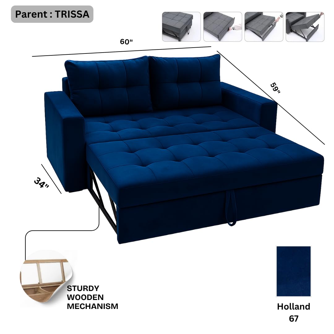 FURNY Tressa 2 Seater Fabric Pull-Out Sofa Cum Bed (Blue) | Premium Velvet Finish | Durable Comfort | Ideal for Living Room - Image 3