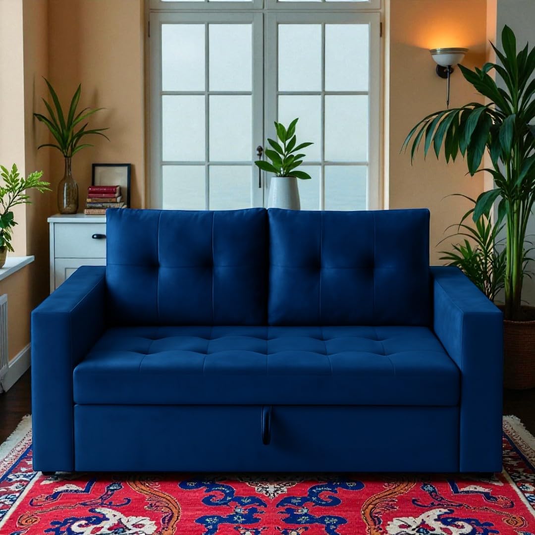 FURNY Tressa 2 Seater Fabric Pull-Out Sofa Cum Bed (Blue) | Premium Velvet Finish | Durable Comfort | Ideal for Living Room - Image 5