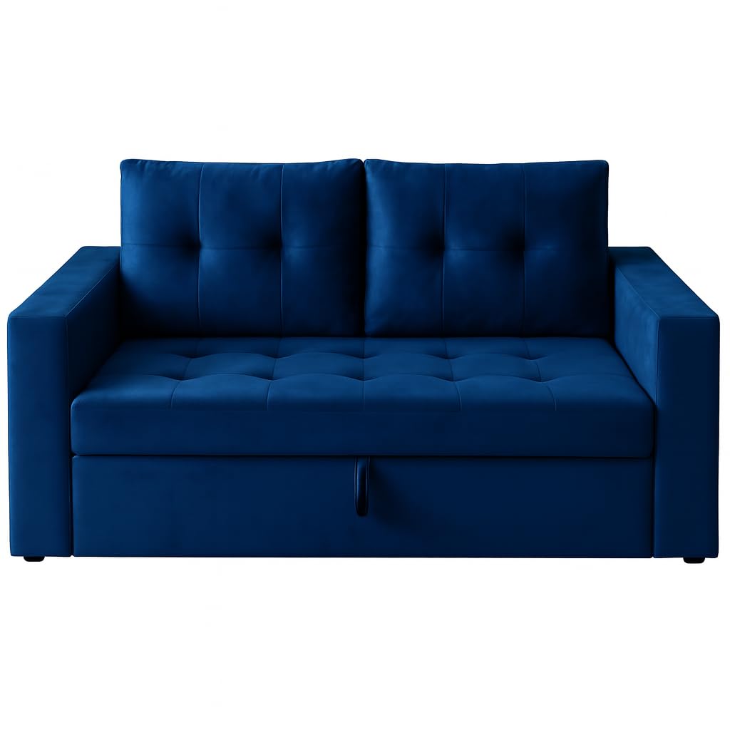 FURNY Tressa 2 Seater Fabric Pull-Out Sofa Cum Bed (Blue) | Premium Velvet Finish | Durable Comfort | Ideal for Living Room - Image 7