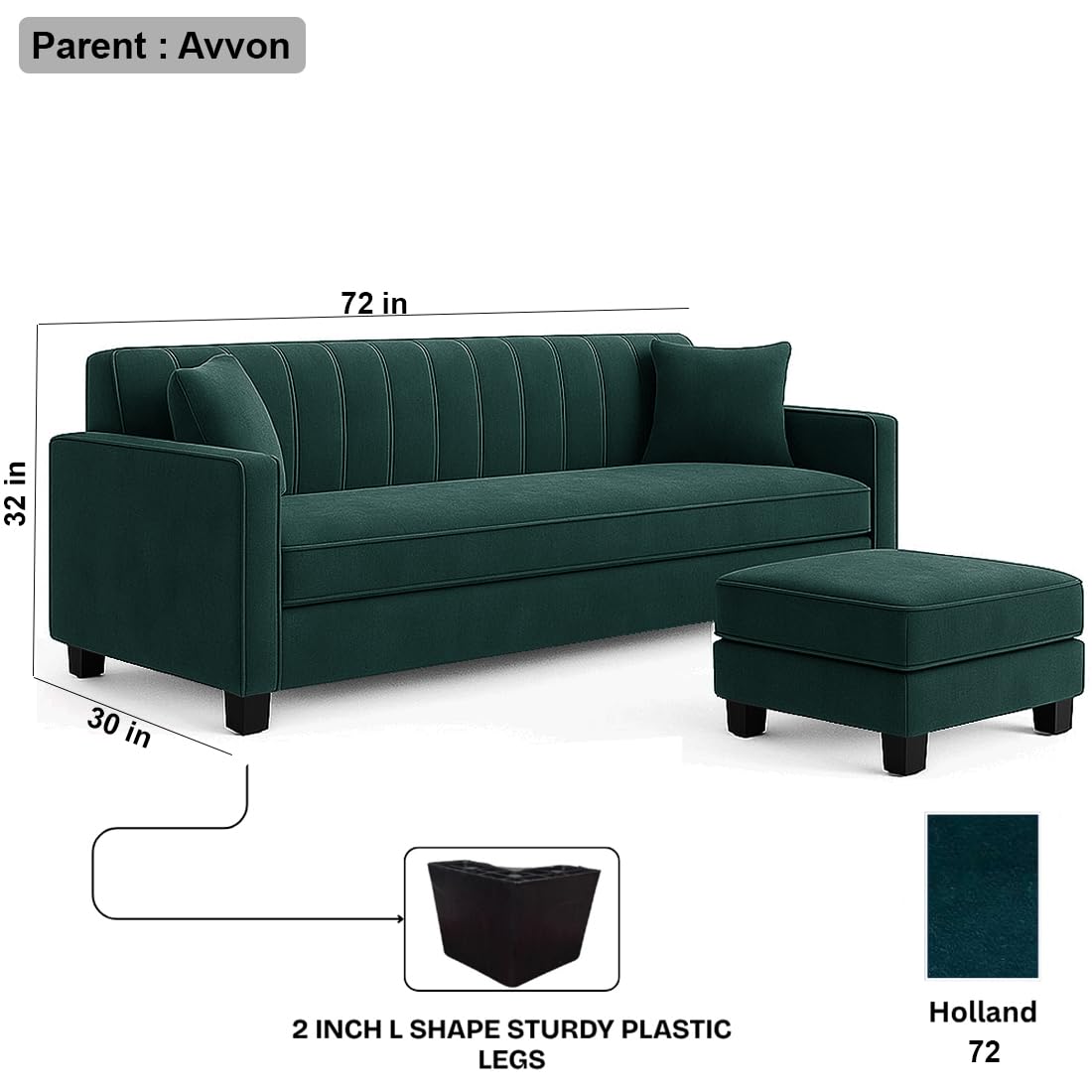 FURNY Avvono 3 Seater Fabric Modular Sofa Set with Ottoman (Greenish Teal) with Velvet Fabric | Durable Comfort | Ideal for Living Room - Image 3