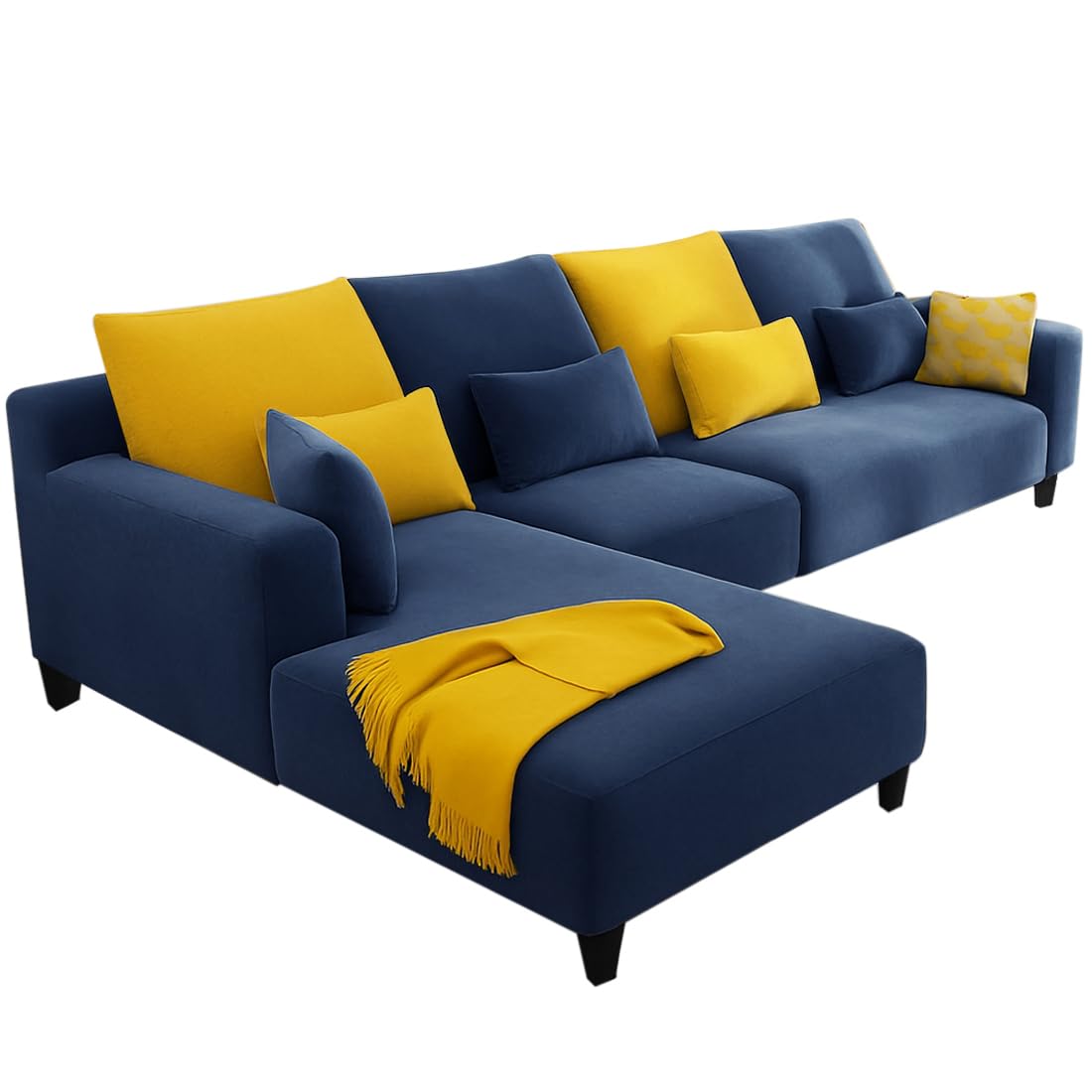 FURNY Mintora 6 Seater Fabric LHS L Shape Sofa Set (Dark Blue) with Extra Cushions | Premium Velvet Finish | Ideal for Living Room - Image 4