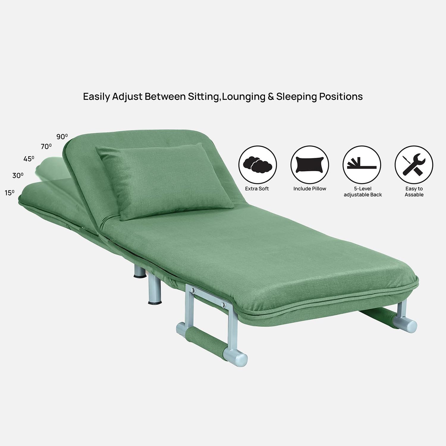 Single Seater Foldable Sofa With Cushion and Armrests |Convertible Tri-Fold Sofa Cum Bed Couch with 5-Position Adjustable Backrest| 3 in 1 Multi-Functional Sleeper Sofa for Living Room - Image 6