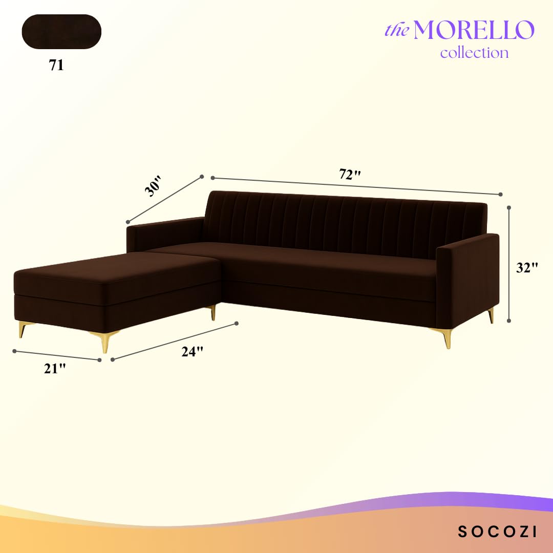 Morello 3 Seater Modular L Shape Sofa Set with Ottoman | Soft Velvet Suede Fabric | Modern Design | Plush Comfort Cushions for Living Room (Dark Brown) - Image 3