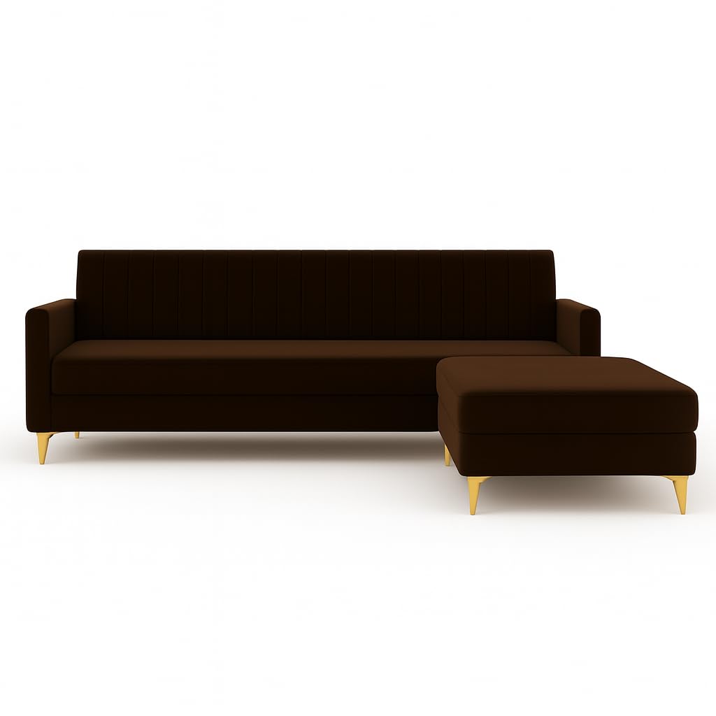 Morello 3 Seater Modular L Shape Sofa Set with Ottoman | Soft Velvet Suede Fabric | Modern Design | Plush Comfort Cushions for Living Room (Dark Brown) - Image 4