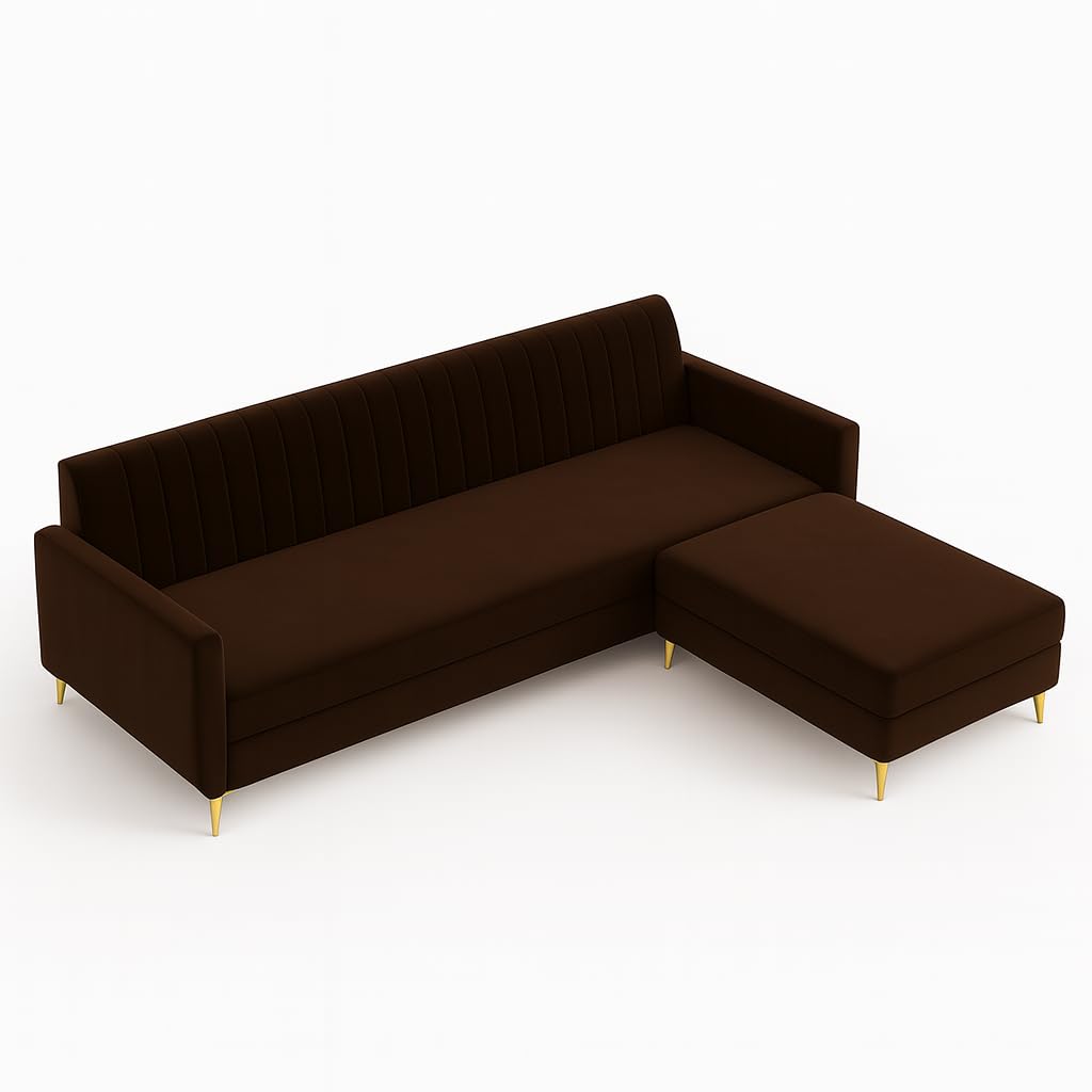 Morello 3 Seater Modular L Shape Sofa Set with Ottoman | Soft Velvet Suede Fabric | Modern Design | Plush Comfort Cushions for Living Room (Dark Brown) - Image 5