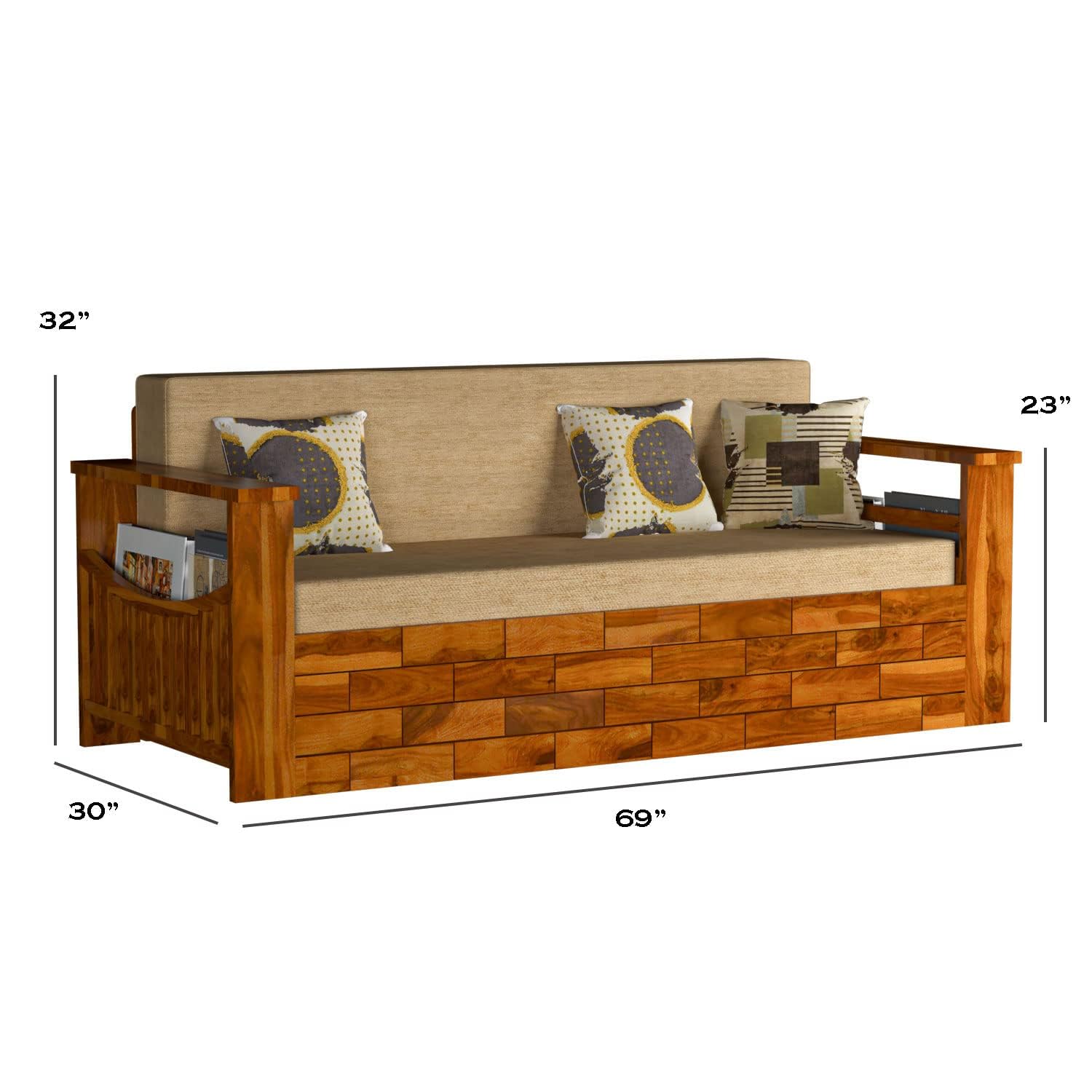 Mamta Furniture Solid Sheesham Wood Sofa Cum Bed Furniture Set with Storage and Cushions for Living Room | Bedroom | Drawing Hall (Teak Finish, Queen) 40 Dencity Foam - Image 3