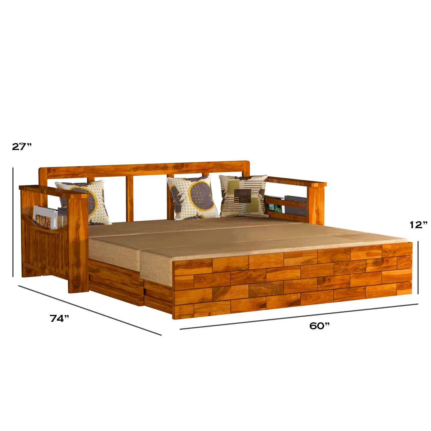 Mamta Furniture Solid Sheesham Wood Sofa Cum Bed Furniture Set with Storage and Cushions for Living Room | Bedroom | Drawing Hall (Teak Finish, Queen) 40 Dencity Foam - Image 8