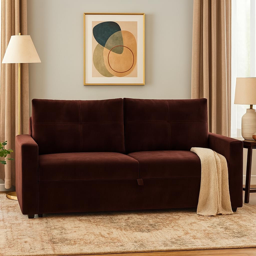 FURNY Soria 2 Seater Pull-Out Premium Fabric Sofa Cum Bed Sofa Set for Living Room (Dark Brown) Premium Velvet Finish - Durable Comfort - Image 3