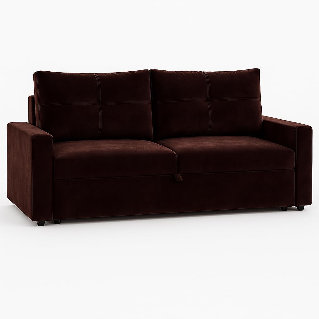 FURNY Soria 2 Seater Pull-Out Premium Fabric Sofa Cum Bed Sofa Set for Living Room (Dark Brown) Premium Velvet Finish - Durable Comfort - Image 5