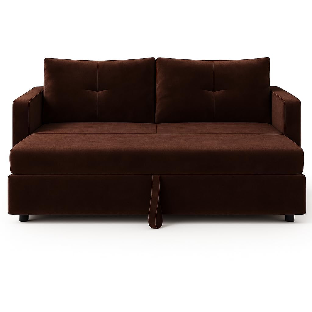 FURNY Soria 2 Seater Pull-Out Premium Fabric Sofa Cum Bed Sofa Set for Living Room (Dark Brown) Premium Velvet Finish - Durable Comfort - Image 8