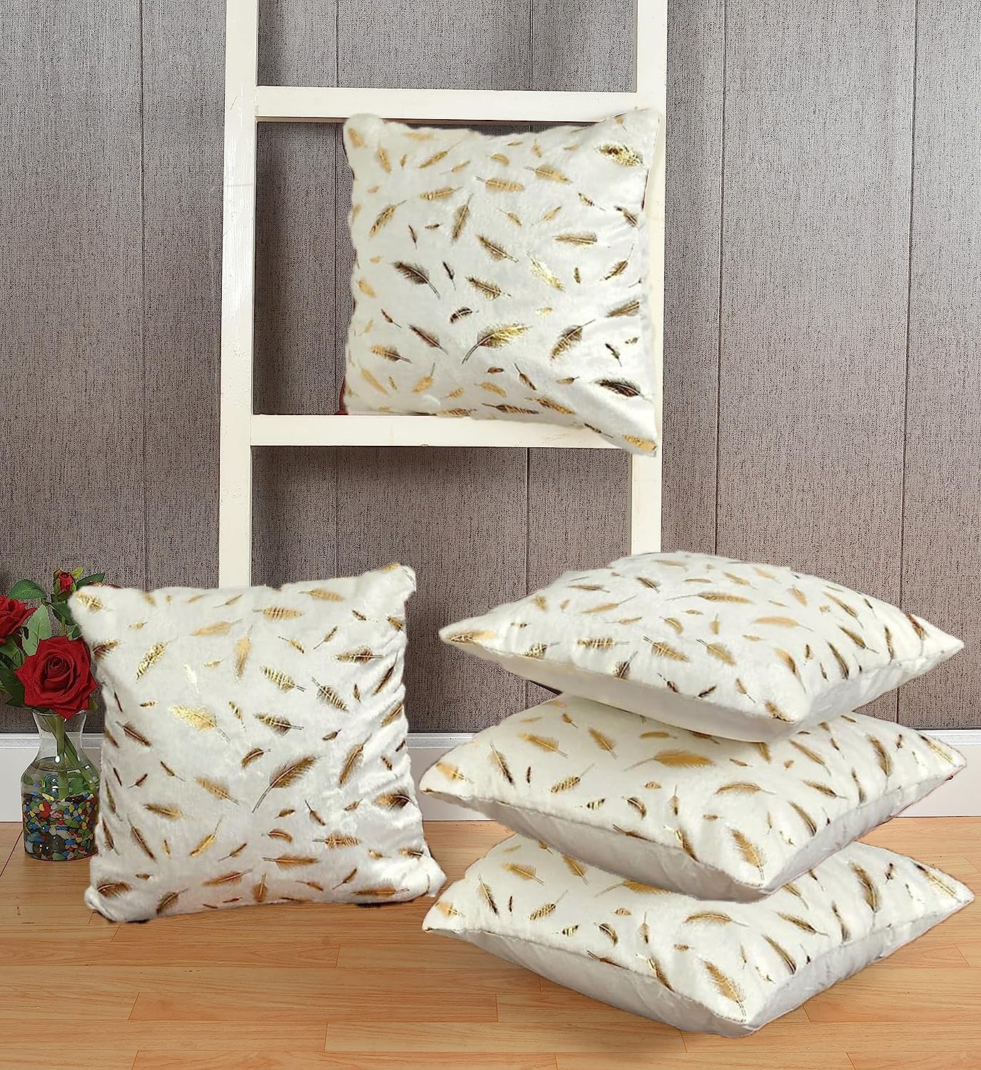 DECOMIZER Soft Velvet Fur Fabric Feather Print Decorative Faux Fur Cushion Covers 16X16 Inch Set Of 5 For Couch, Sofa, Bed, Design- Feather Gold Foil,Color- Off-White, 240 TC - Image 4