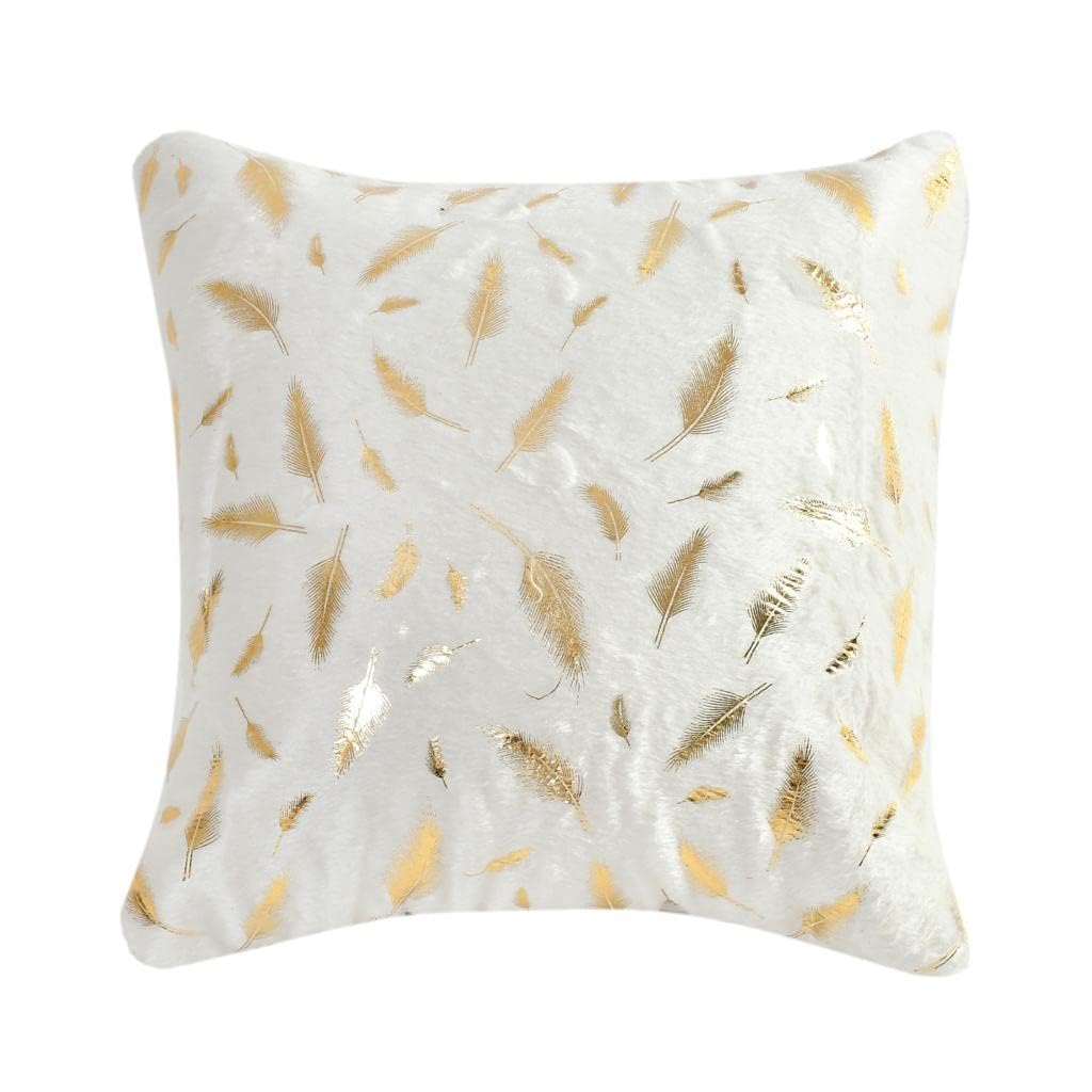 DECOMIZER Soft Velvet Fur Fabric Feather Print Decorative Faux Fur Cushion Covers 16X16 Inch Set Of 5 For Couch, Sofa, Bed, Design- Feather Gold Foil,Color- Off-White, 240 TC - Image 5