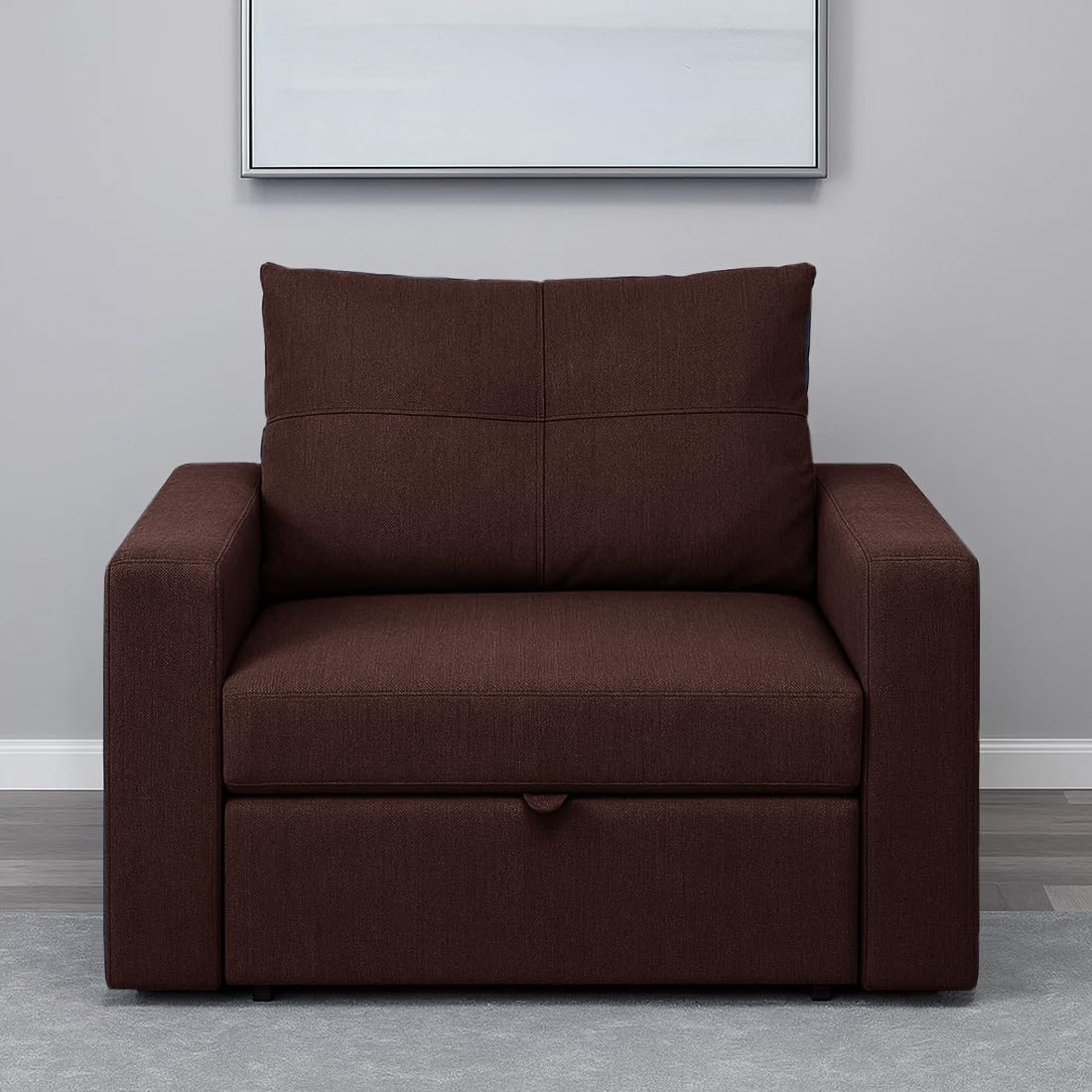 FURNY Soria 1 Seater Pull-Out Premium Fabric Sofa Cum Bed Sofa Set for Living Room (Brown Fabric) - Image 3