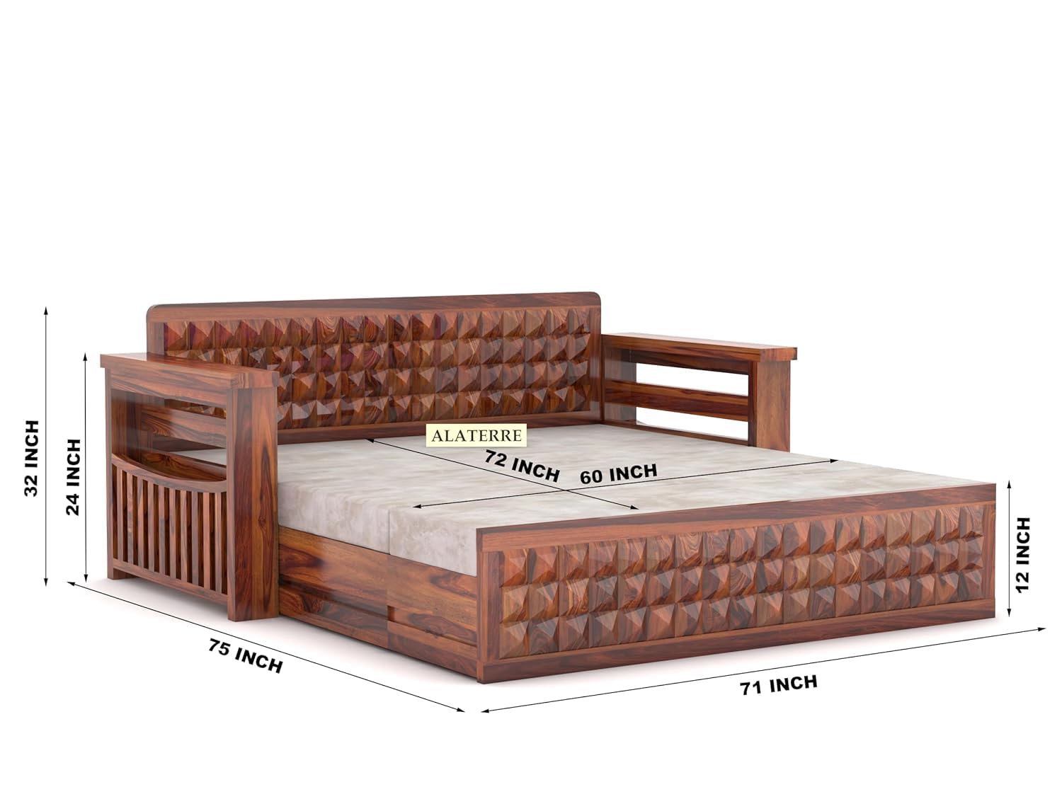Sheesham Wood 3 Seater Sofa Cum Bed for Home || Wooden Sofa Cum Bed for Living Room || Comfort Folding Dubole Bed with Storage Armrest, Home,Office,Guest Room Furniture || 3Seater Honey Finish - Image 3