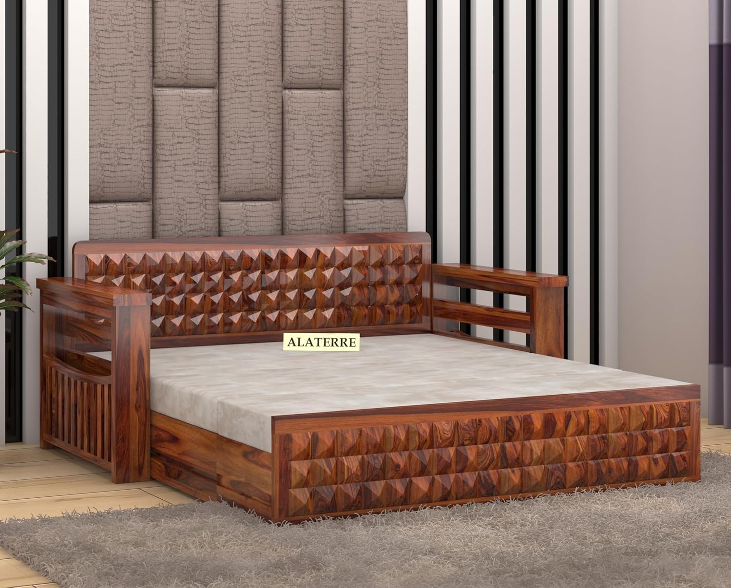 Sheesham Wood 3 Seater Sofa Cum Bed for Home || Wooden Sofa Cum Bed for Living Room || Comfort Folding Dubole Bed with Storage Armrest, Home,Office,Guest Room Furniture || 3Seater Honey Finish - Image 4