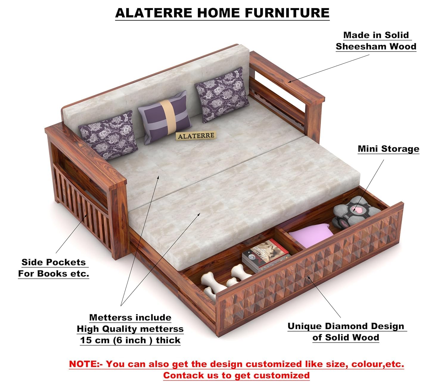 Sheesham Wood 3 Seater Sofa Cum Bed for Home || Wooden Sofa Cum Bed for Living Room || Comfort Folding Dubole Bed with Storage Armrest, Home,Office,Guest Room Furniture || 3Seater Honey Finish - Image 5