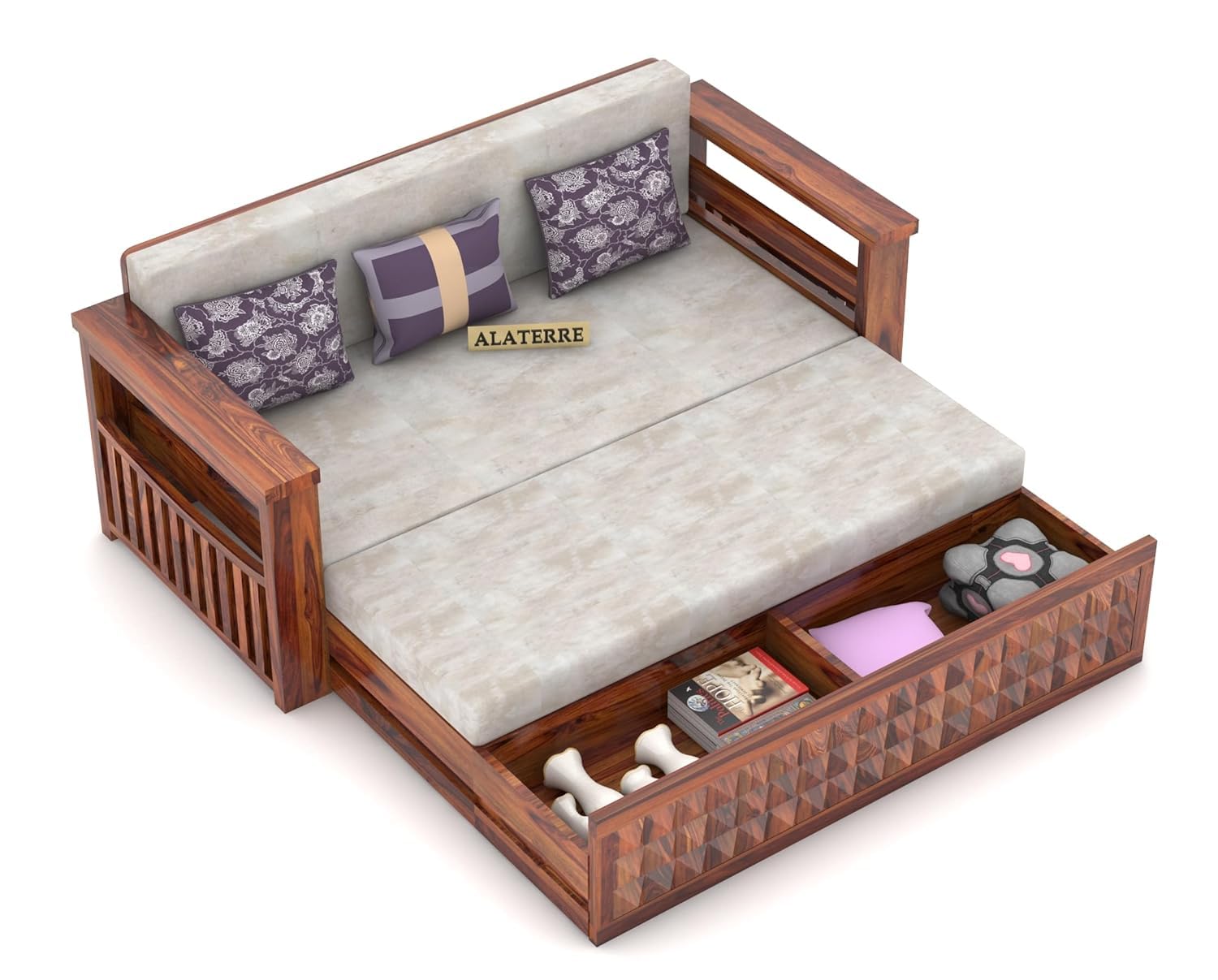 Sheesham Wood 3 Seater Sofa Cum Bed for Home || Wooden Sofa Cum Bed for Living Room || Comfort Folding Dubole Bed with Storage Armrest, Home,Office,Guest Room Furniture || 3Seater Honey Finish - Image 8