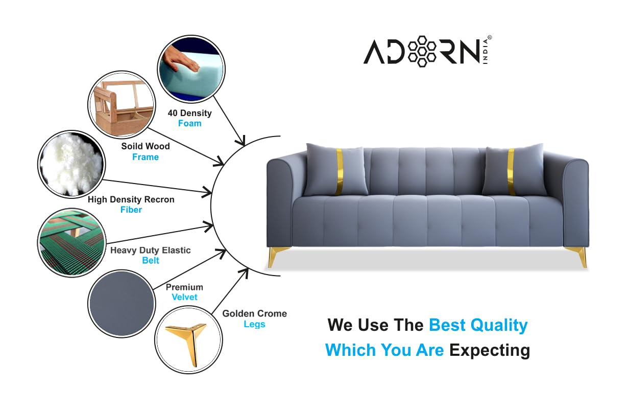 Adorn India Premium Mystic - 3 Years Warranty - 3 Seater Sofa Velvet Suede Fabric - Grey - Image 3