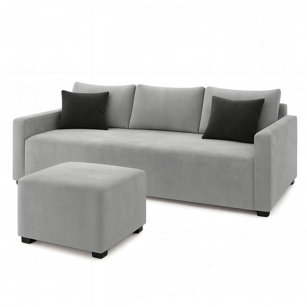 Elris 3 Seater Modular L Shape Sofa Set with Ottoman | Soft Velvet Suede Fabric | Modern Design | Plush Comfort Cushions for Living Room (Light Grey) - Image 4