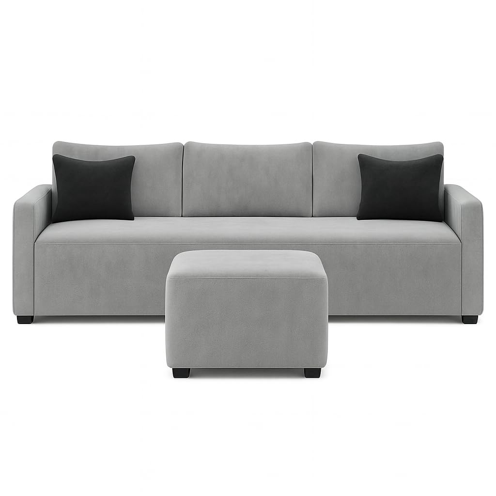 Elris 3 Seater Modular L Shape Sofa Set with Ottoman | Soft Velvet Suede Fabric | Modern Design | Plush Comfort Cushions for Living Room (Light Grey) - Image 5