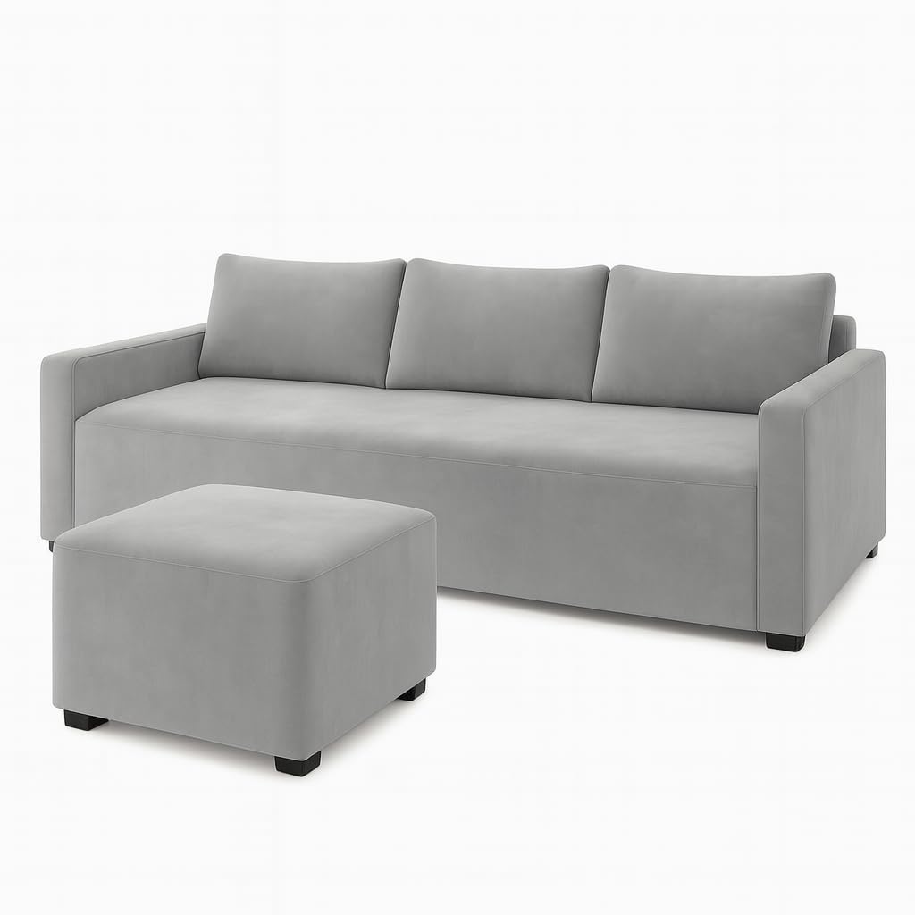 Elris 3 Seater Modular L Shape Sofa Set with Ottoman | Soft Velvet Suede Fabric | Modern Design | Plush Comfort Cushions for Living Room (Light Grey) - Image 6