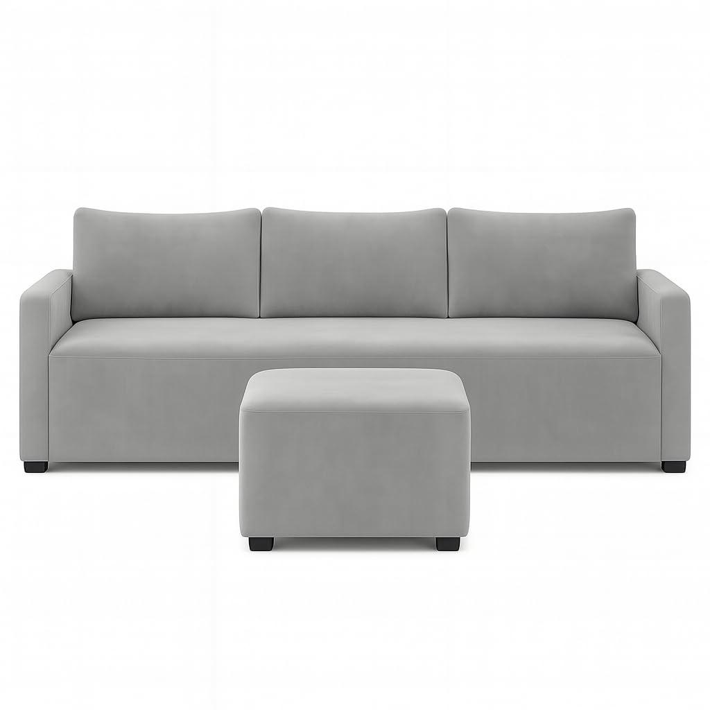 Elris 3 Seater Modular L Shape Sofa Set with Ottoman | Soft Velvet Suede Fabric | Modern Design | Plush Comfort Cushions for Living Room (Light Grey) - Image 7