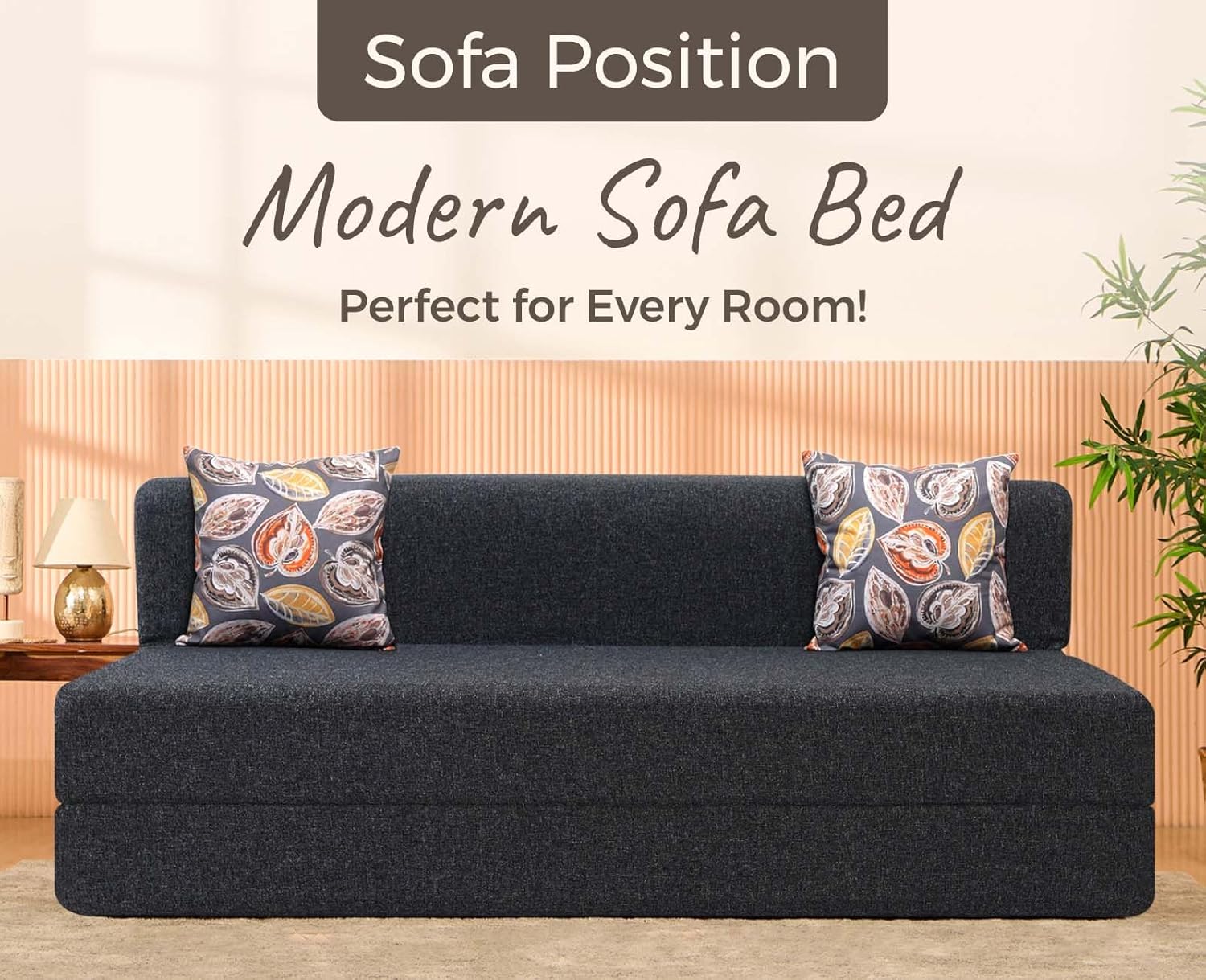 uberlyfe 3 Seater Sofa Cum Bed | Jute Fabric Washable Cover | 2 Cushions Fall Leaves Pattern | Dark Grey | 6' X 6' Feet - Image 4