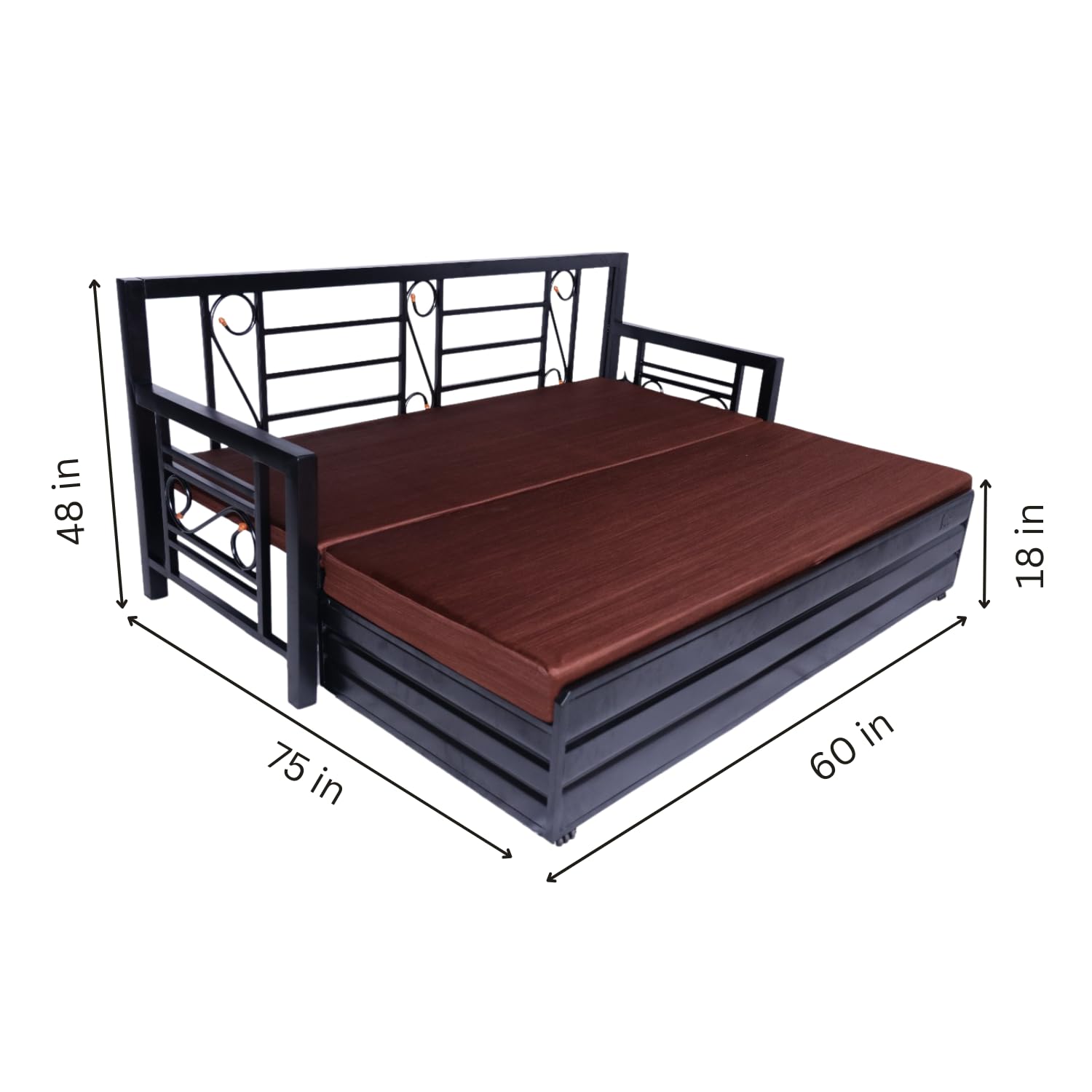 Queen Size Metal Sofa Cum Bed | Convertible 3-Seater with Foldable Design & Brown Cushion Mattress | Matte Black Frame | Durable & Space-Saving Furniture for Home (75x60 Inch) - Image 3