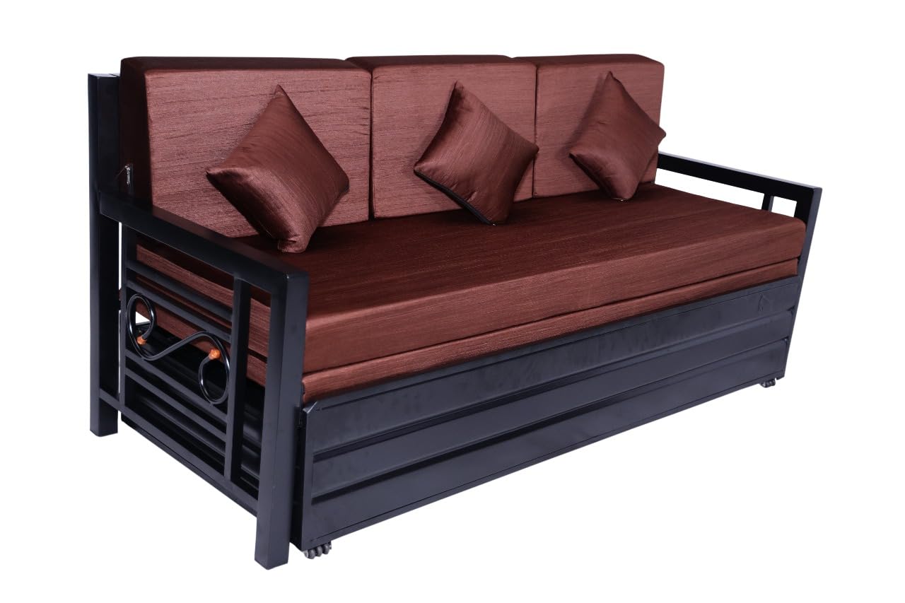 Queen Size Metal Sofa Cum Bed | Convertible 3-Seater with Foldable Design & Brown Cushion Mattress | Matte Black Frame | Durable & Space-Saving Furniture for Home (75x60 Inch) - Image 4