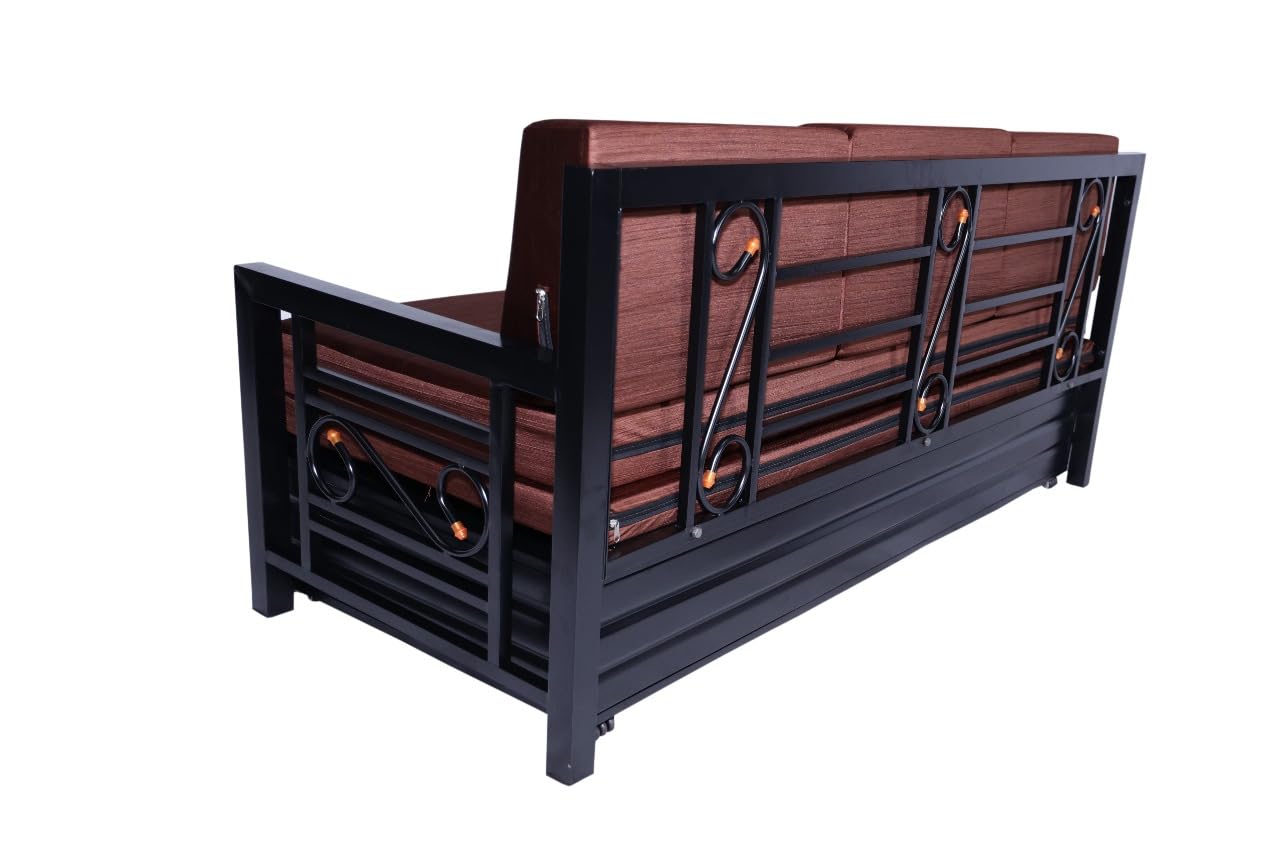 Queen Size Metal Sofa Cum Bed | Convertible 3-Seater with Foldable Design & Brown Cushion Mattress | Matte Black Frame | Durable & Space-Saving Furniture for Home (75x60 Inch) - Image 5
