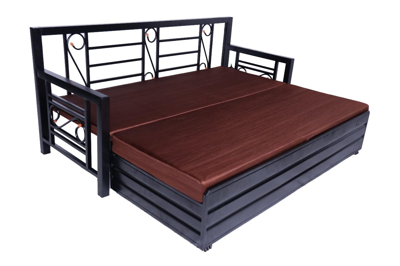 Queen Size Metal Sofa Cum Bed | Convertible 3-Seater with Foldable Design & Brown Cushion Mattress | Matte Black Frame | Durable & Space-Saving Furniture for Home (75x60 Inch) - Image 6