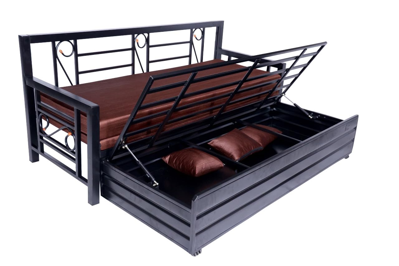 Queen Size Metal Sofa Cum Bed | Convertible 3-Seater with Foldable Design & Brown Cushion Mattress | Matte Black Frame | Durable & Space-Saving Furniture for Home (75x60 Inch) - Image 7